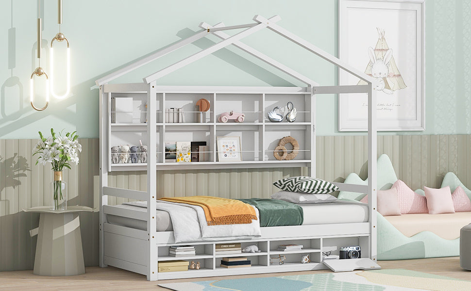 Twin Bed with Roof, Bedside Shelves, and Under-Bed Storage in White