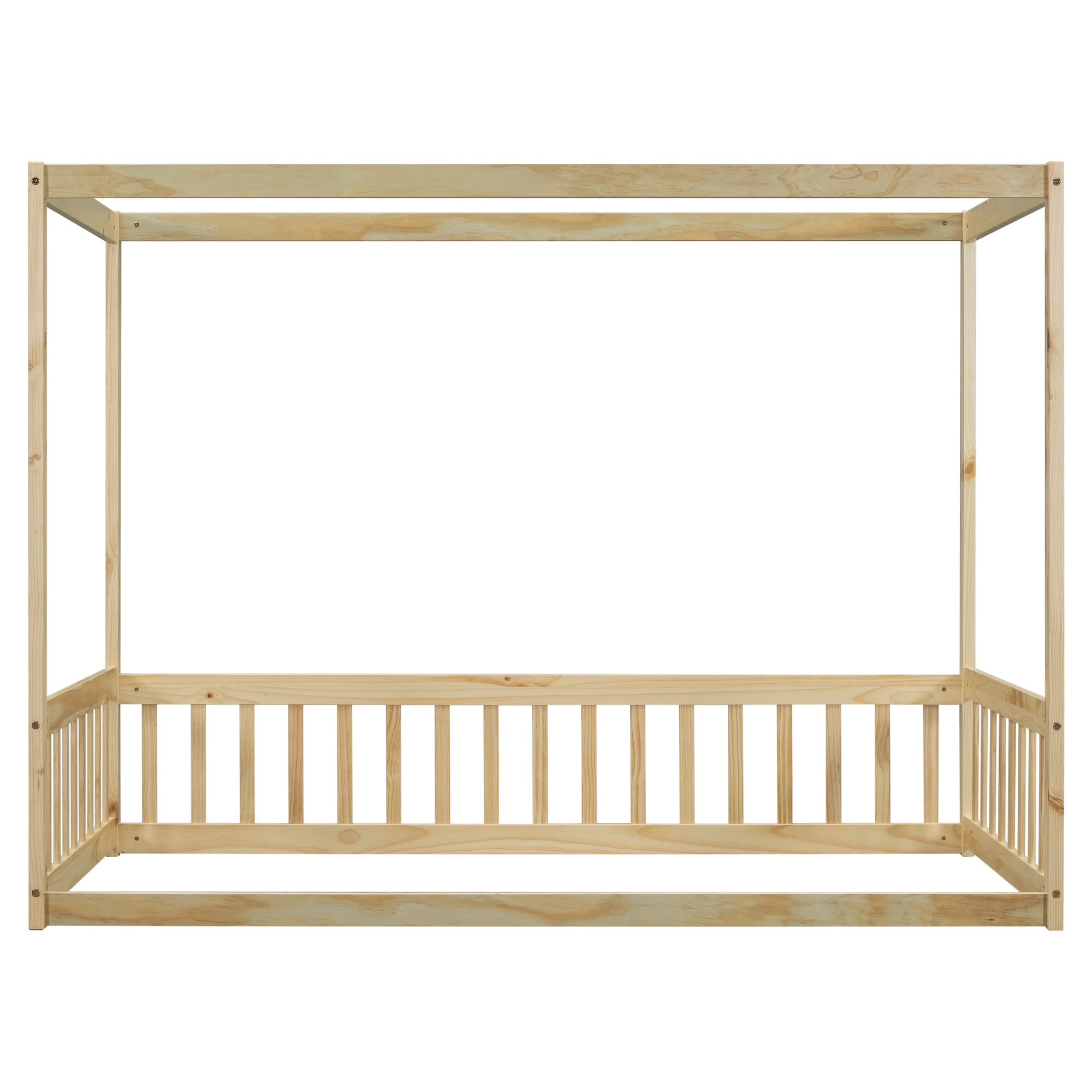 Natural Tone Twin Size Canopy Frame Floor Bed with Guardrails