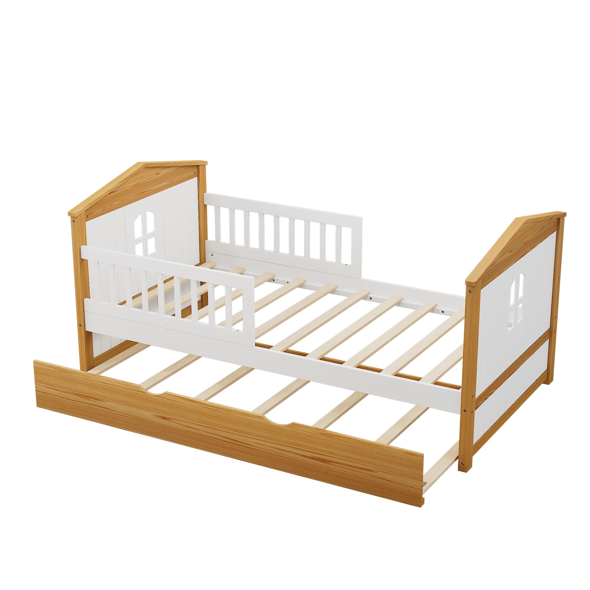 Twin House Bed with Trundle and Fence Guardrails