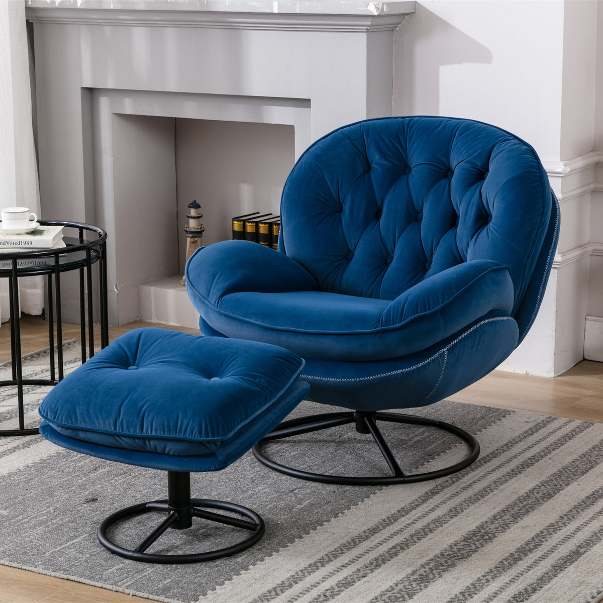 Blue Velvet Accent Chair with Ottoman