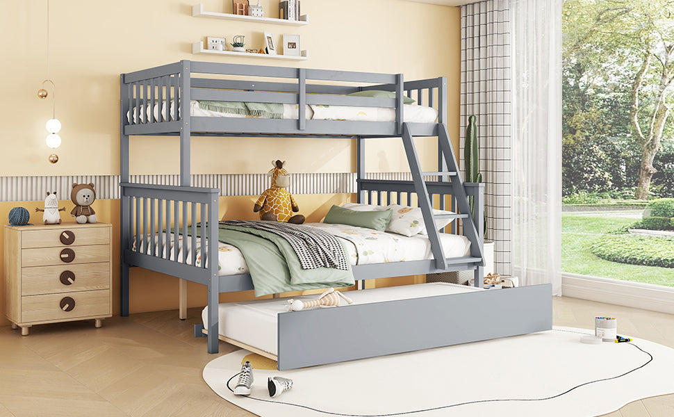 Convertible Gray Twin Over Full Rubber Wood Bunk Bed with Trundle