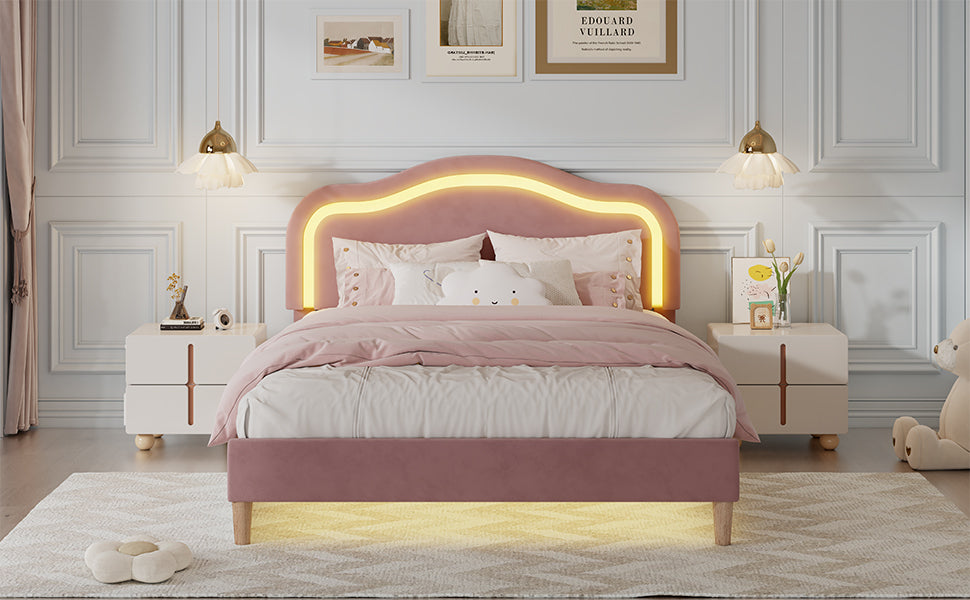 Pink Twin Velvet Upholstered Bed Frame with Adjustable LED Lights