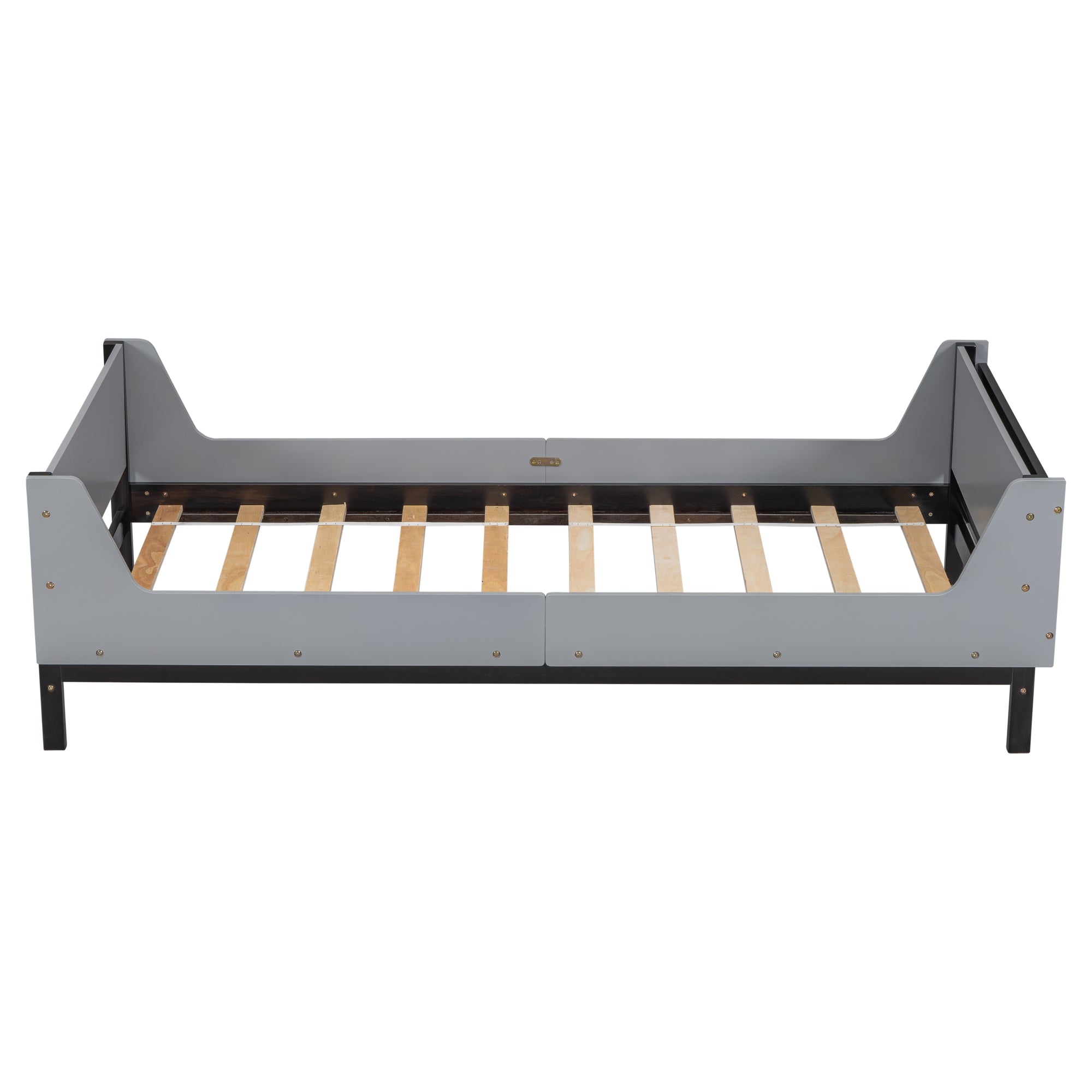 Gray Twin Bed with Headboard, Footboard, Safeguards, and Built-in Book Storage Rack