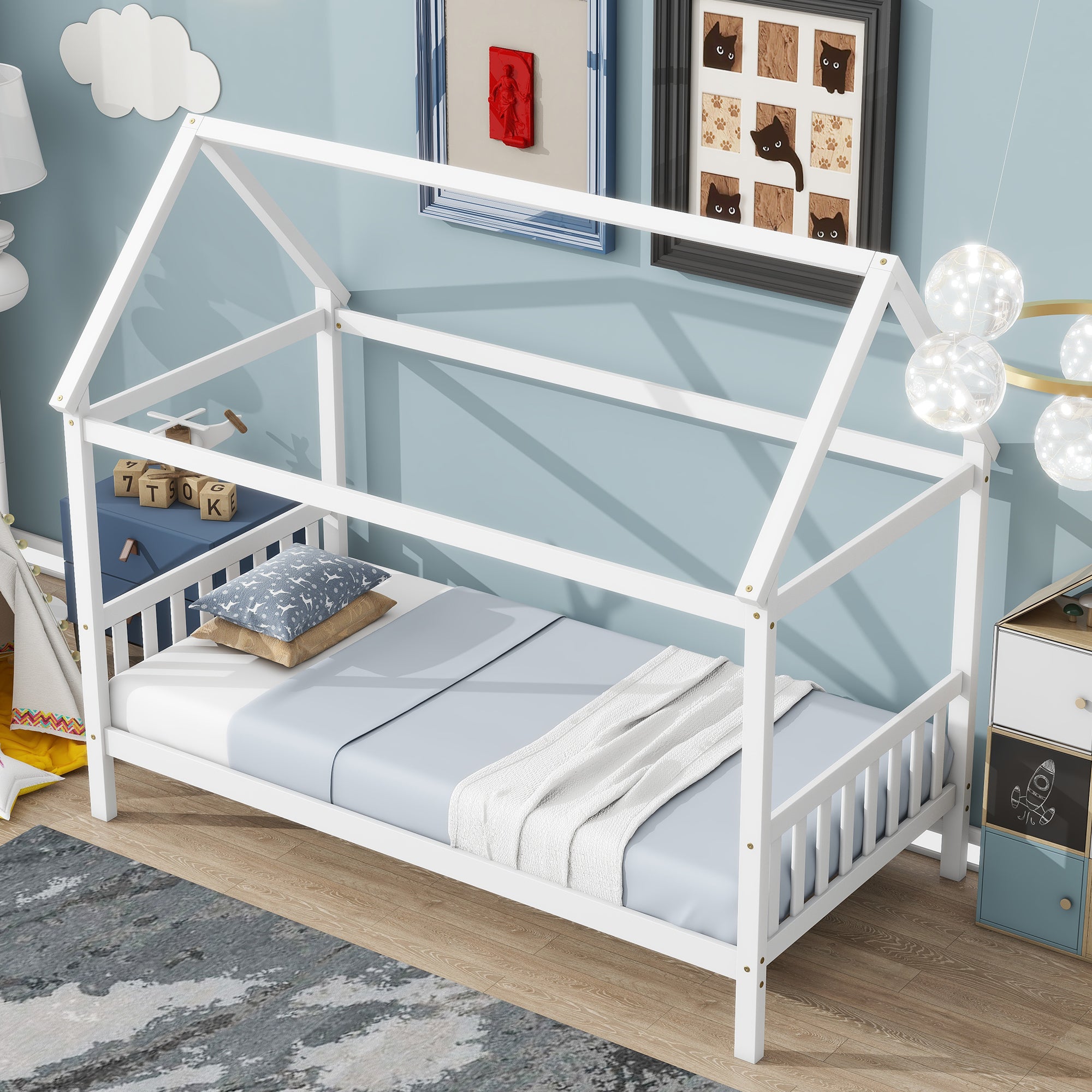 White Twin House Bed with Headboard and Footboard