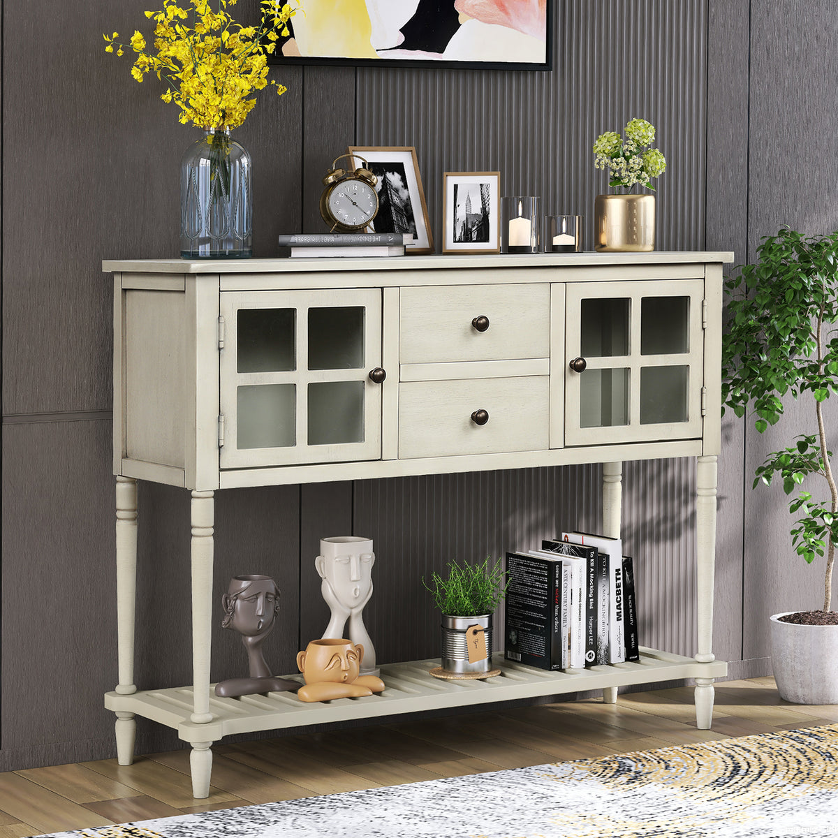 Farmhouse Wood Glass Sideboard Console Table With Bottom Shelf In Antique Grey