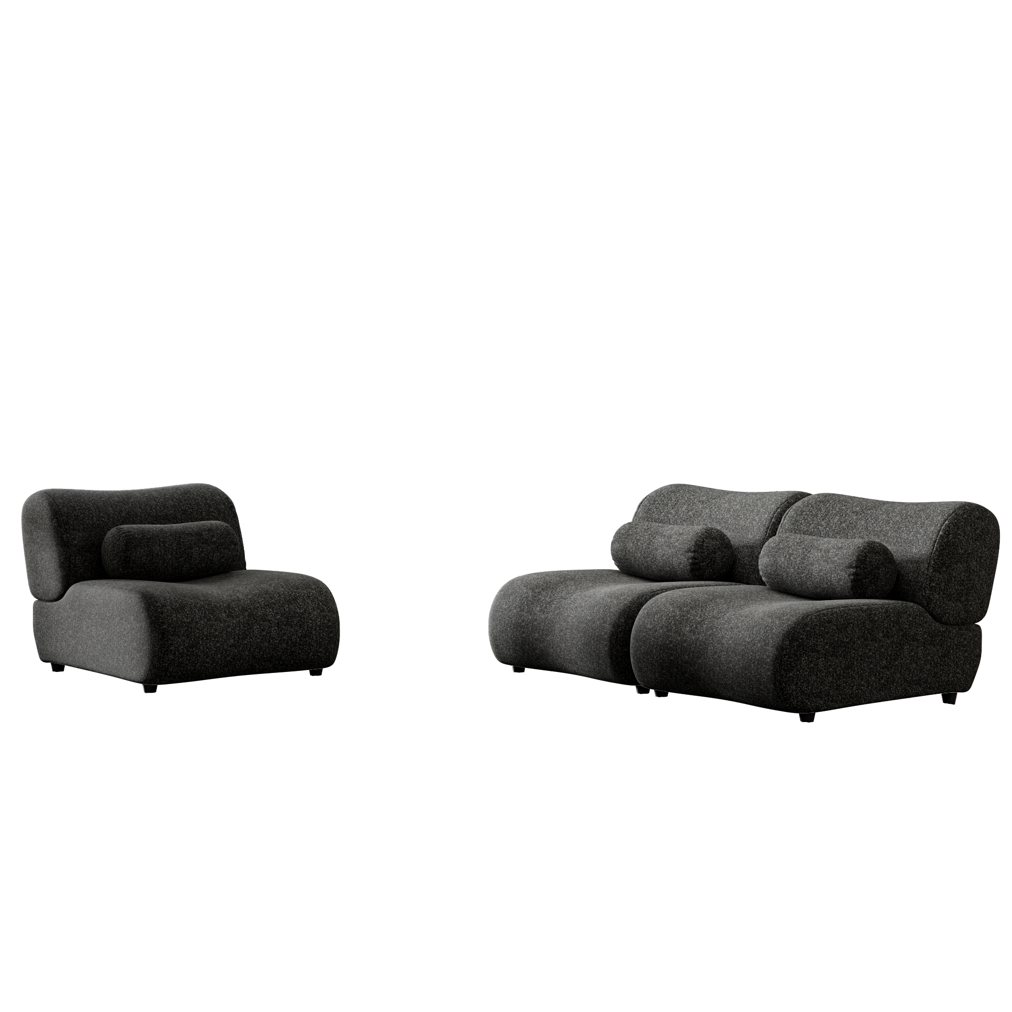 Modern Black Chenille Sofa Set with Cylindrical Pillows for Relaxing Modular Comfort In Black