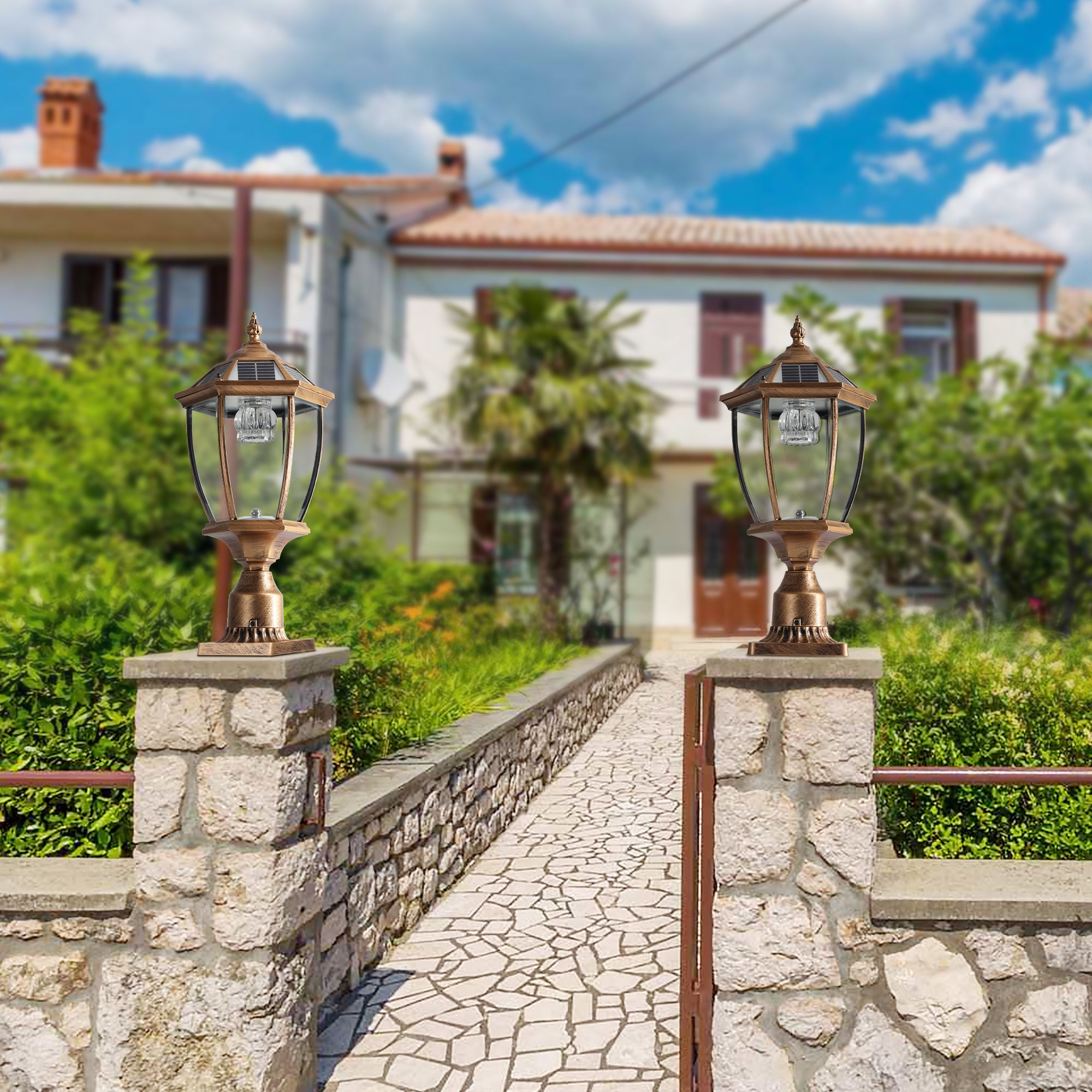 Contemporary Gold Pair of Solar Column Headlights with Dimmable LED