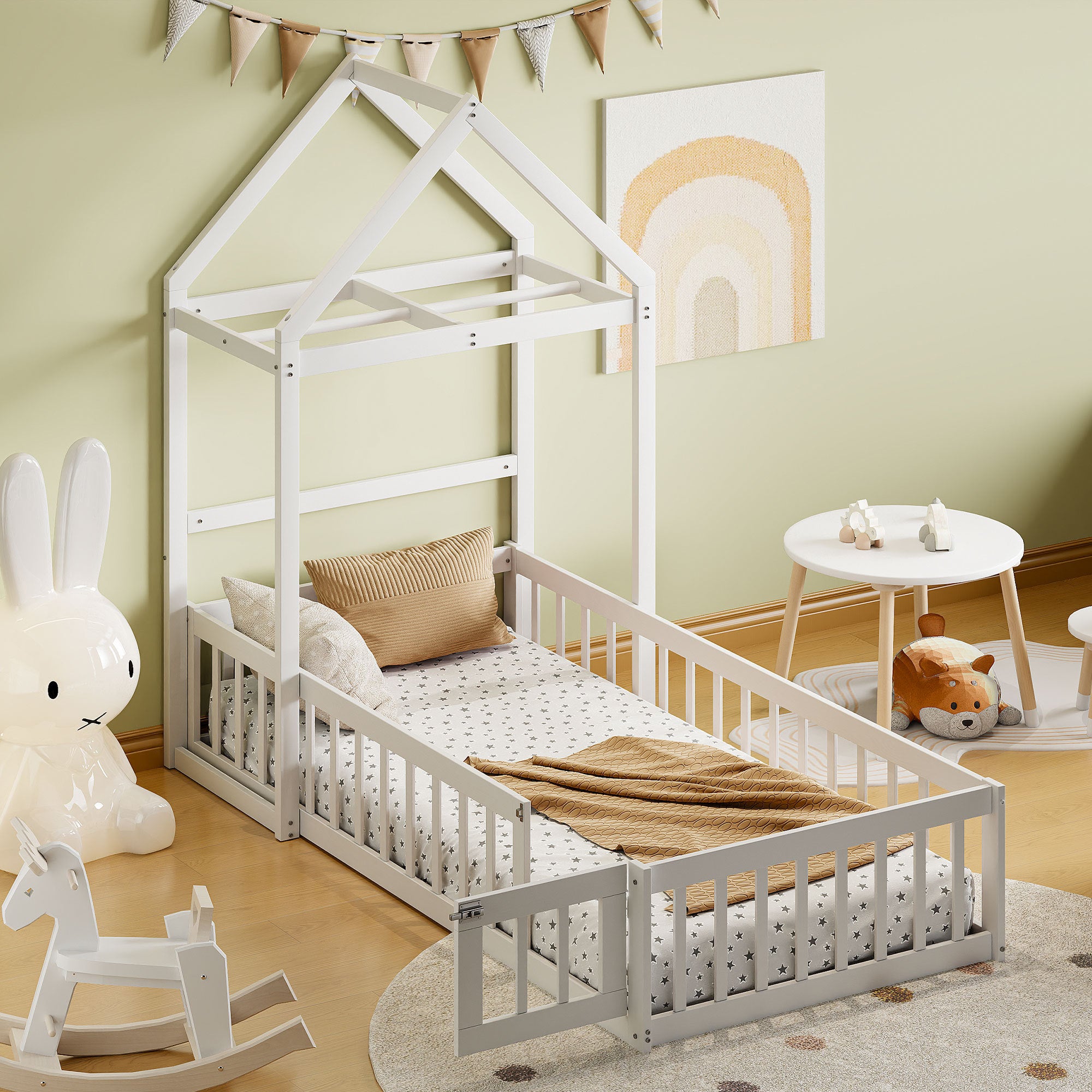 Wooden Twin Floor Bed with Detachable Headboard and Kids Rack In White