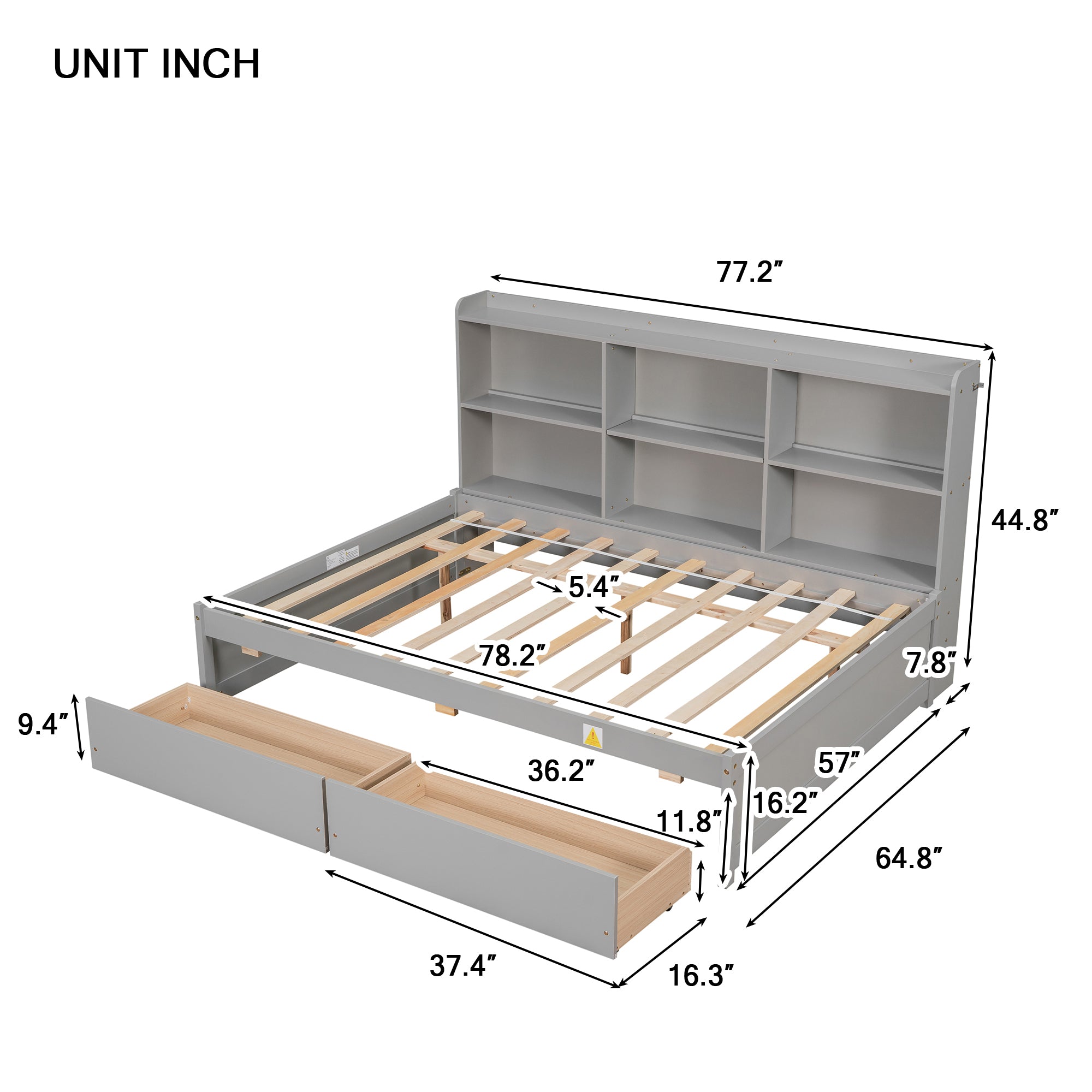 Gray Full Bed with Side Bookcase and Drawers