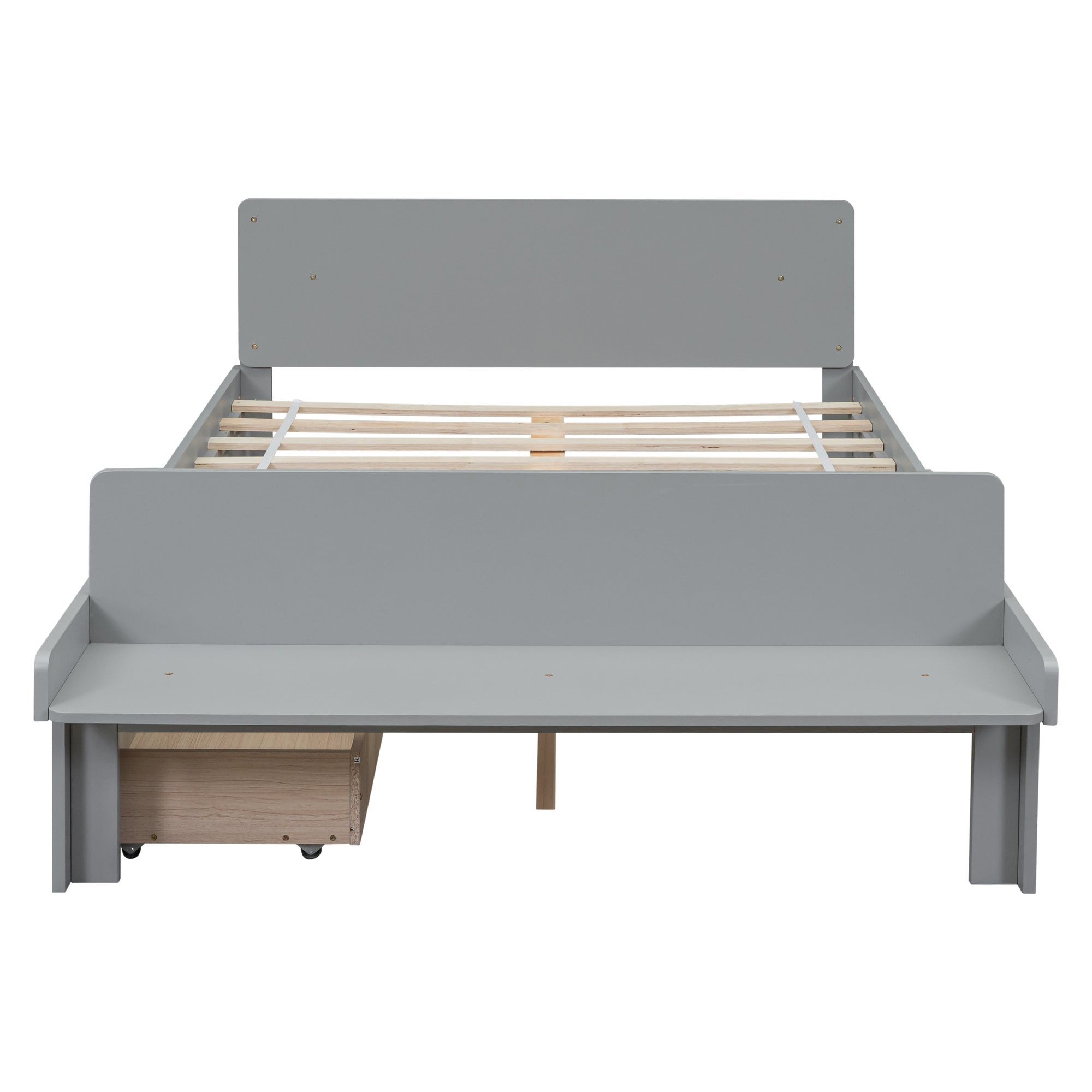 Gray Full Size Bed with Footboard Bench and Storage Drawers