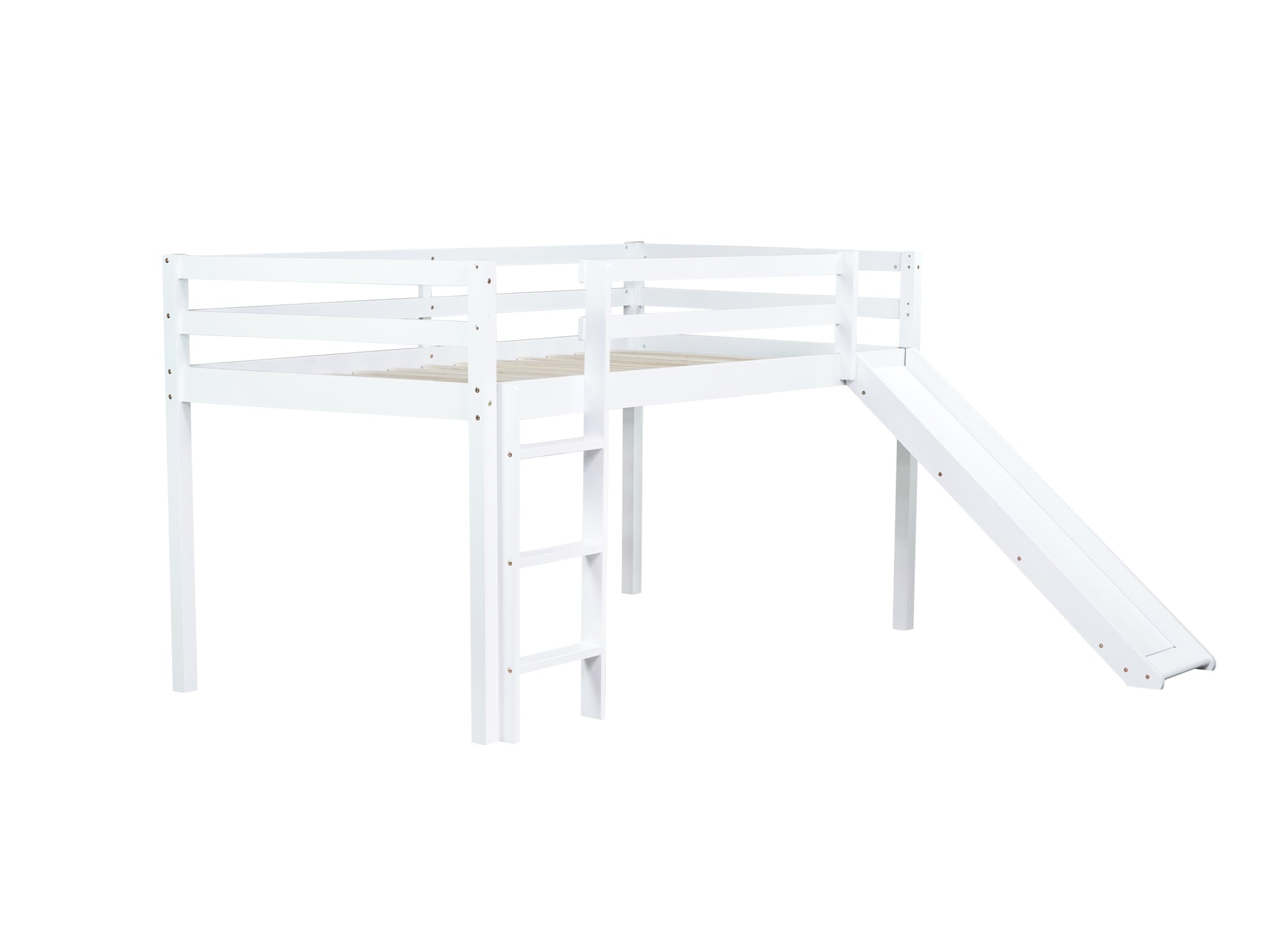 White Twin Low Loft Bed with Slide, Ladder, and Guardrails