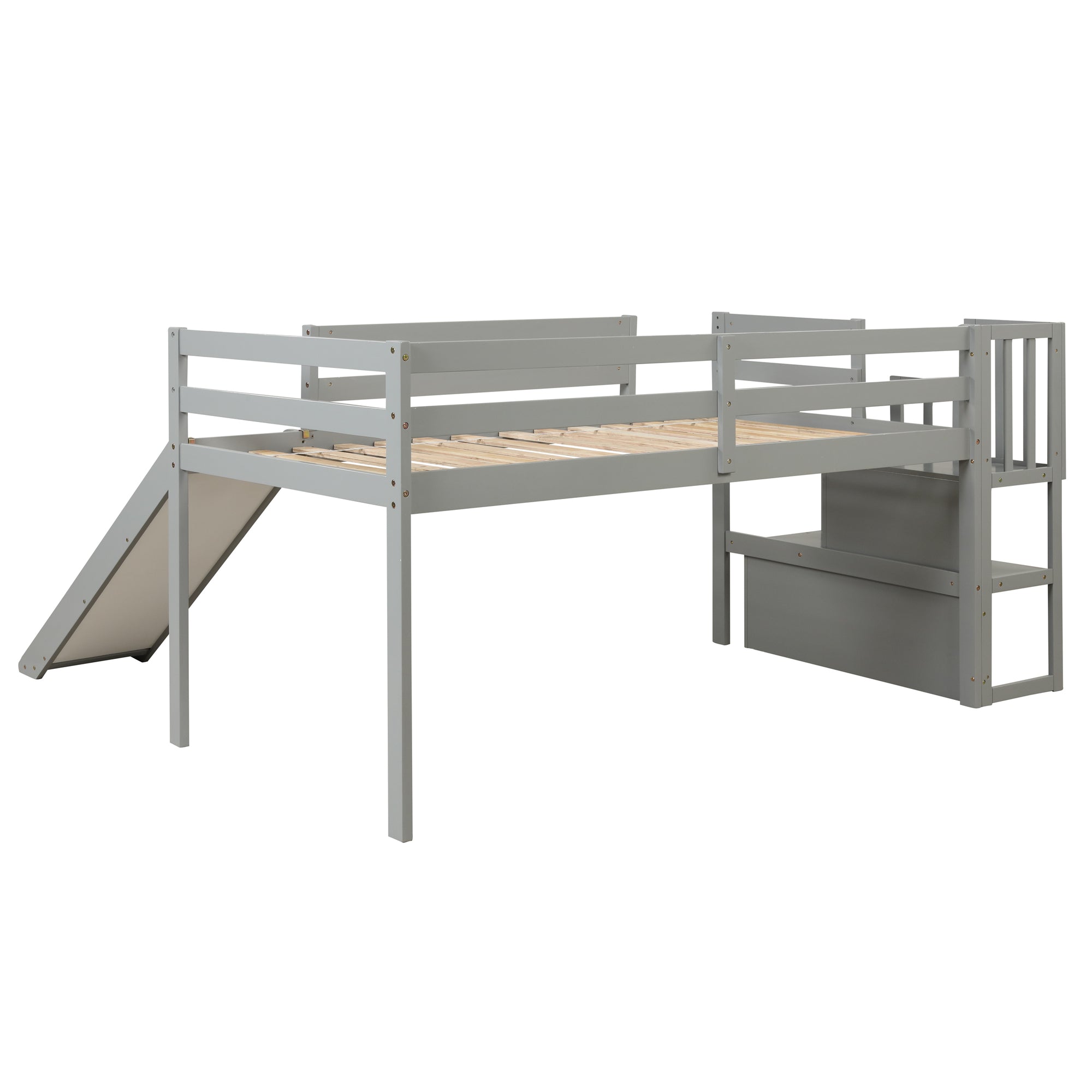 Gray Twin Loft Bed with Slide, Storage Staircase, and Full-Length Guardrails