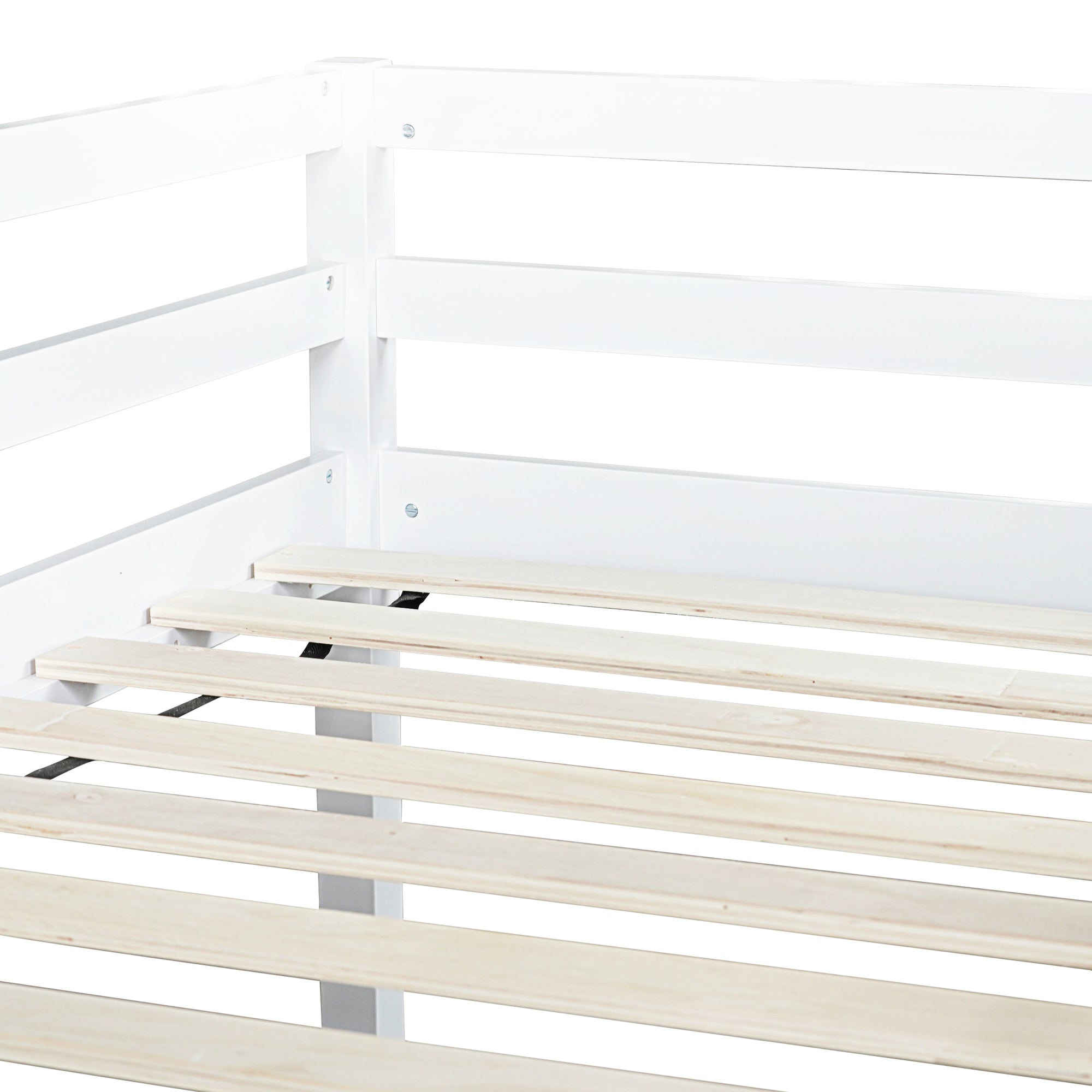 White Twin Low Loft Bed with Slide, Ladder, and Guardrails