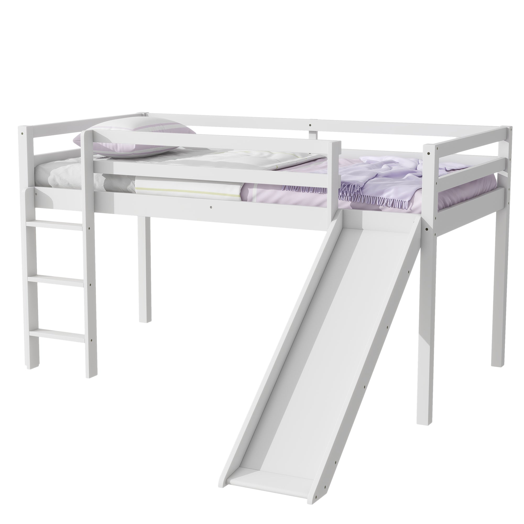 White Twin Low Loft Bed with Slide, Ladder, and Guardrails