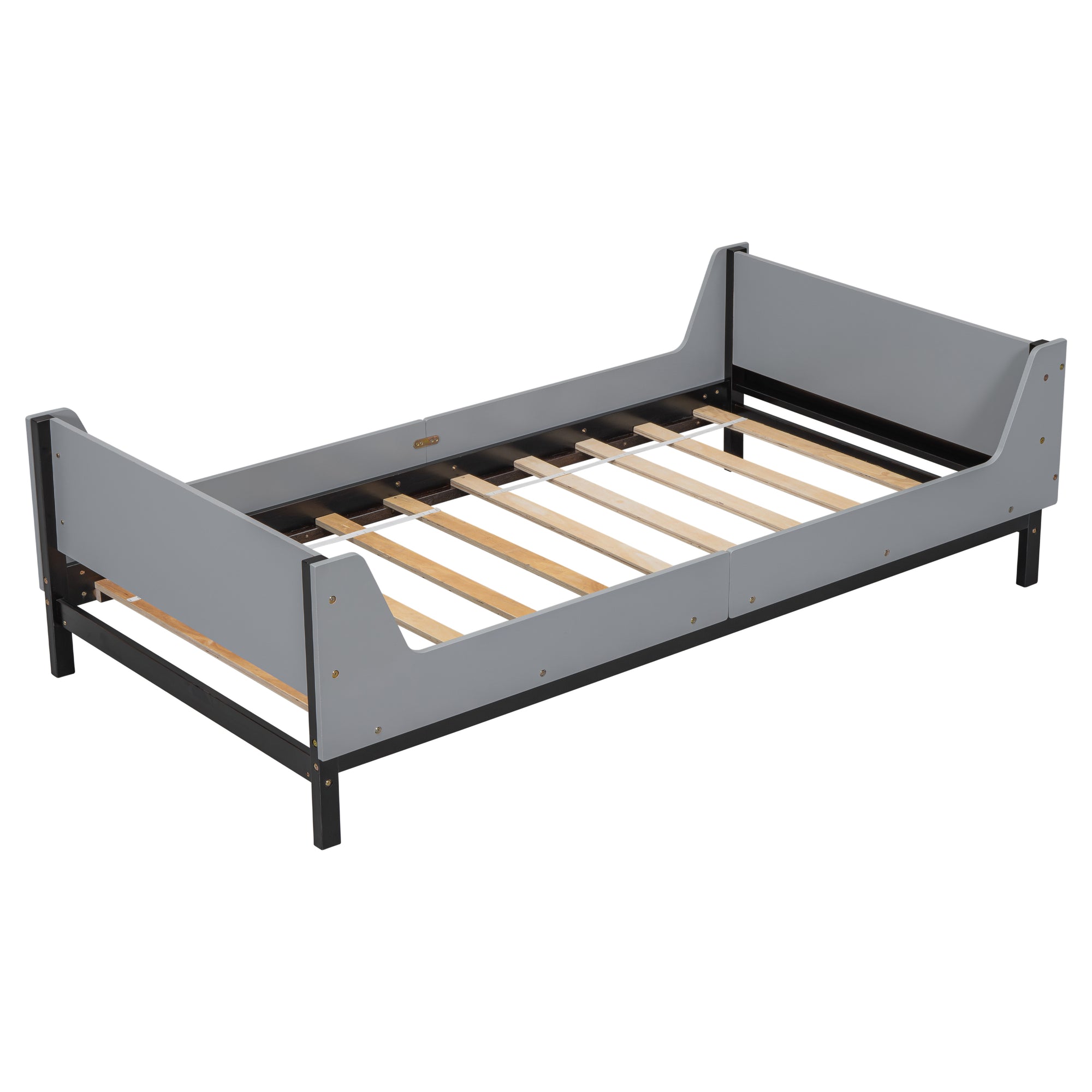 Gray Twin Bed with Headboard, Footboard, Safeguards, and Built-in Book Storage Rack