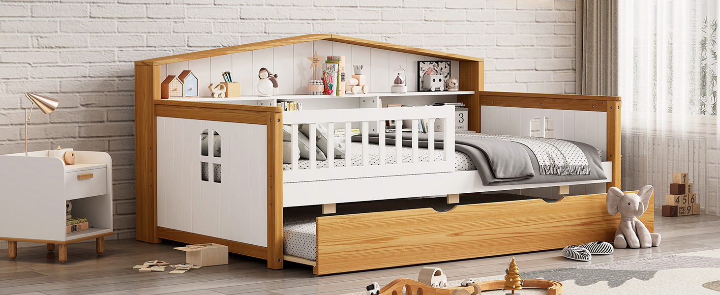 Twin Size Toddler Safety Bed Frame with Trundle & Fence Guardrails