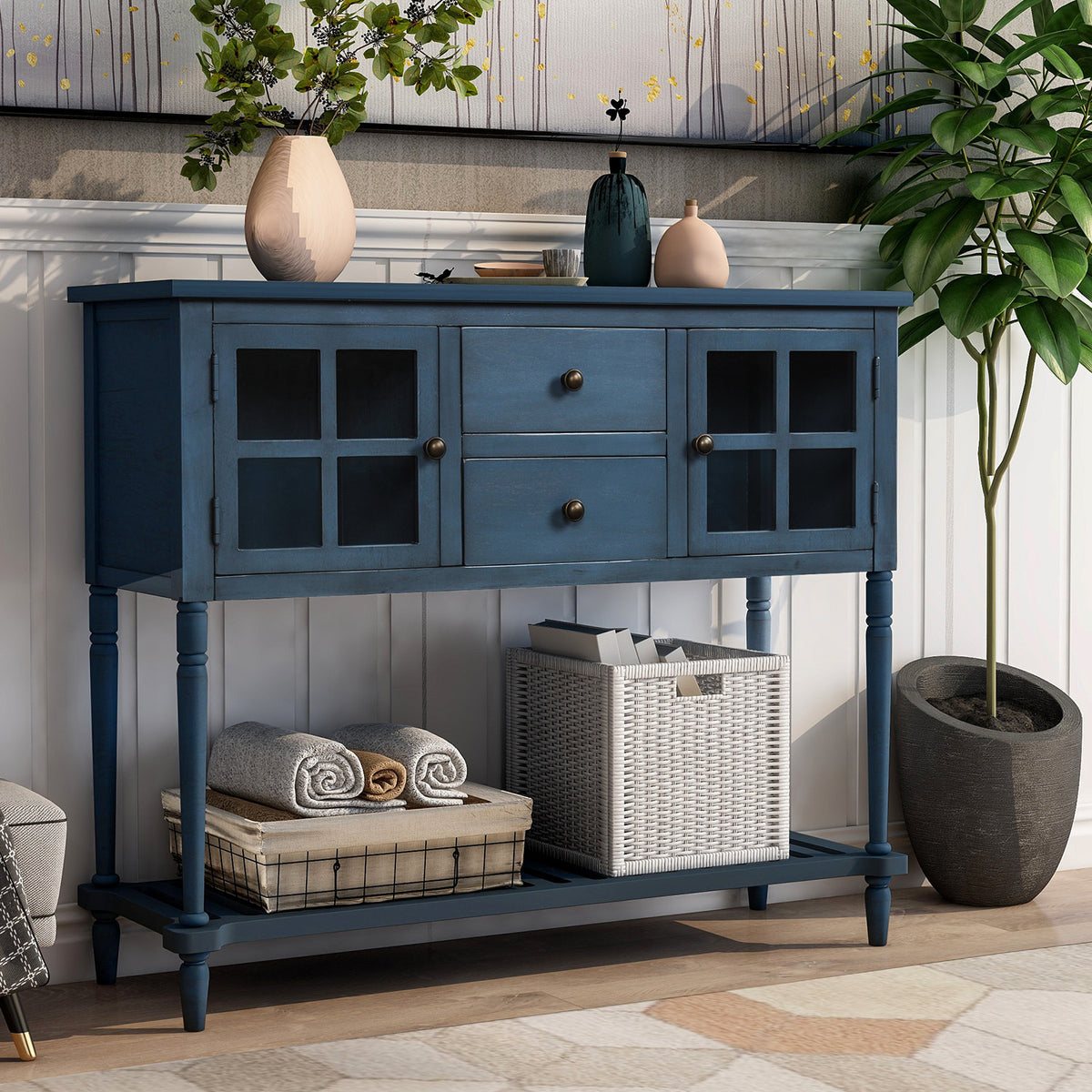 Farmhouse Wood Glass Sideboard Console Table with Bottom Shelf for Storage In Antique Navy