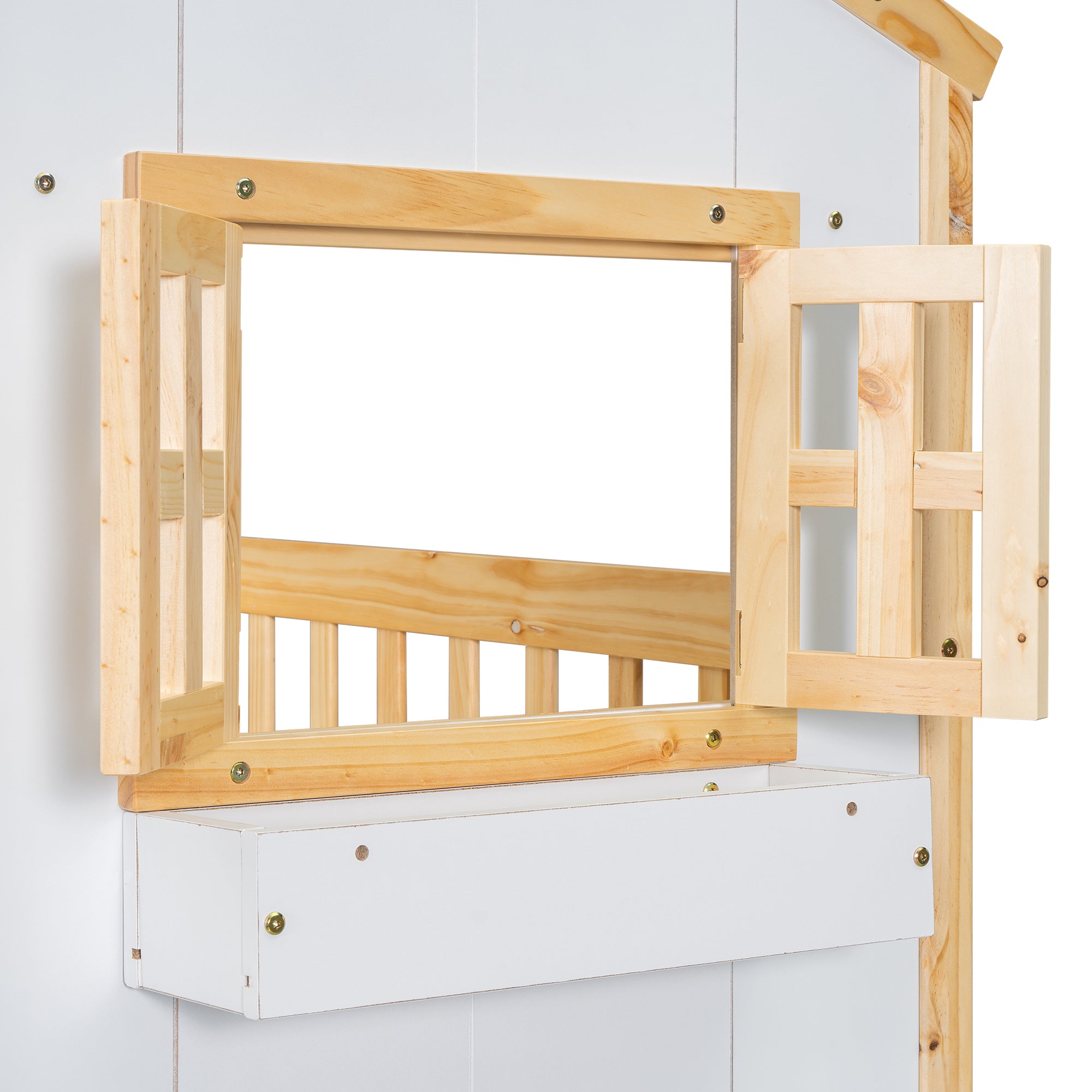 Twin Over Twin House Bunk Bed with Roof, Window, and Door in Natural and White Tones