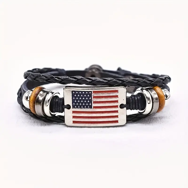 American Flag Bracelet in Dark Leather with Cuff Style