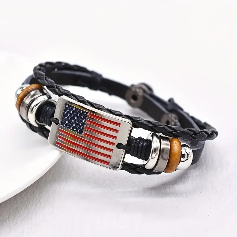 American Flag Bracelet in Dark Leather with Cuff Style