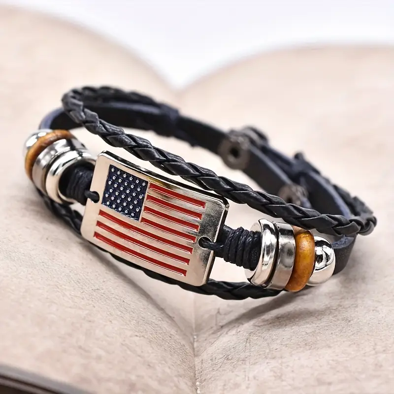 American Flag Bracelet in Dark Leather with Cuff Style