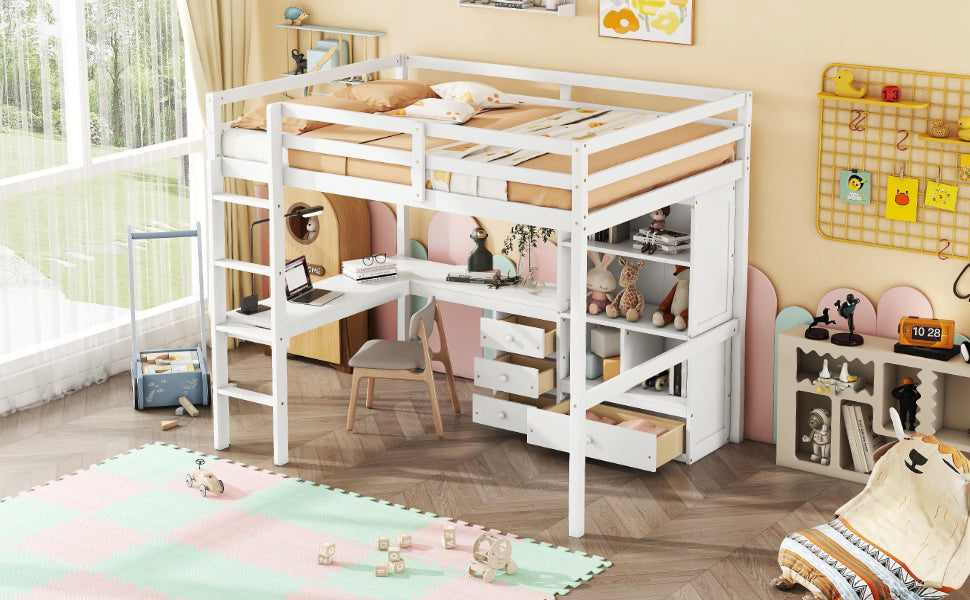 White Full Size Loft Bed with Desk, Storage Shelves, Drawers, and Built-in Ladder