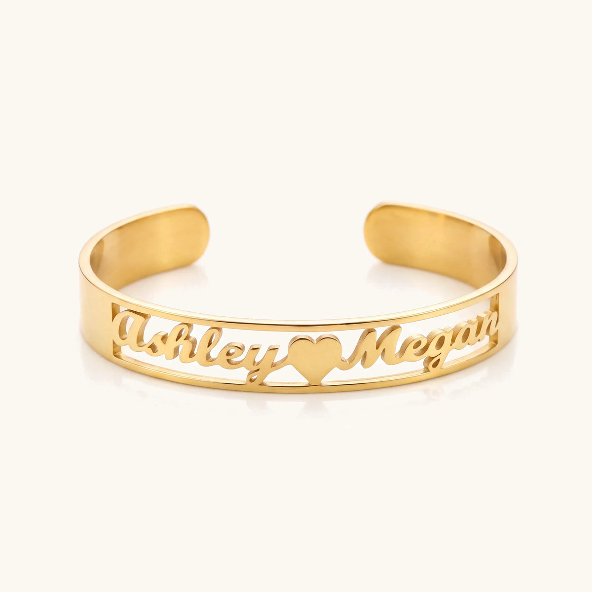 Custom personalised gold bangle bracelet engraved with names