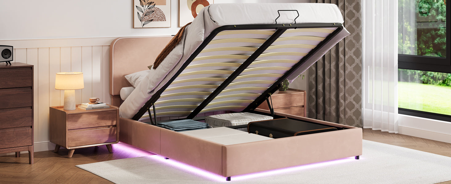 Queen Hydraulic Storage Bed with LED Lighting, Built-in Bluetooth Speaker & USB Charging in  Pink Velvet