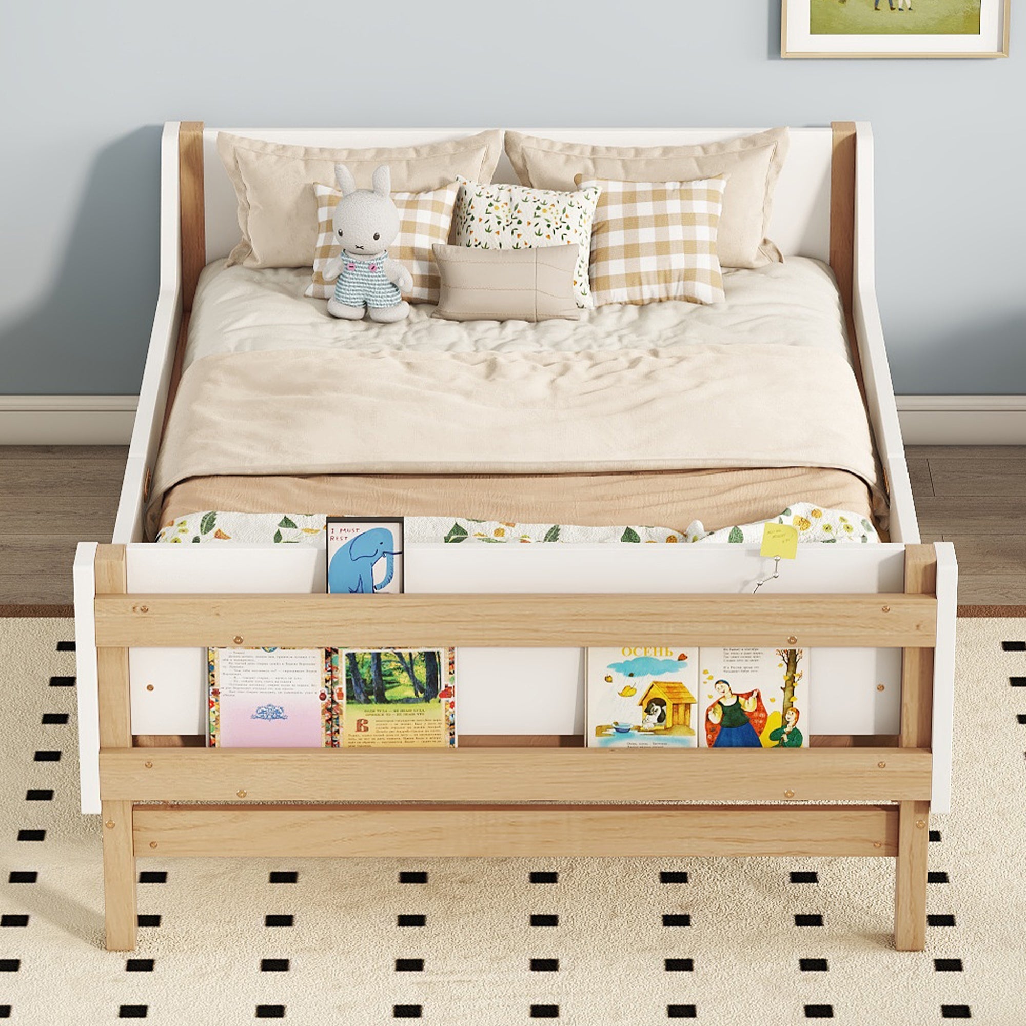 Twin Bed with Headboard, Footboard, Side Safeguards & Built-in Book Storage