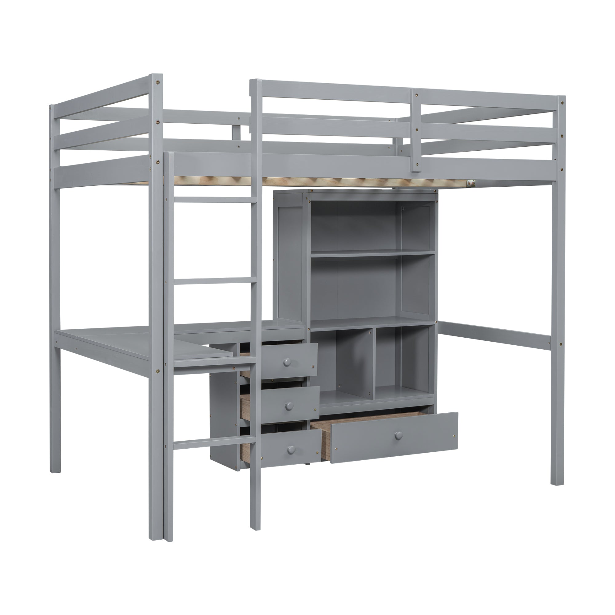 Gray Full Size High Loft Bed with Desk, Storage Shelves, and Drawers