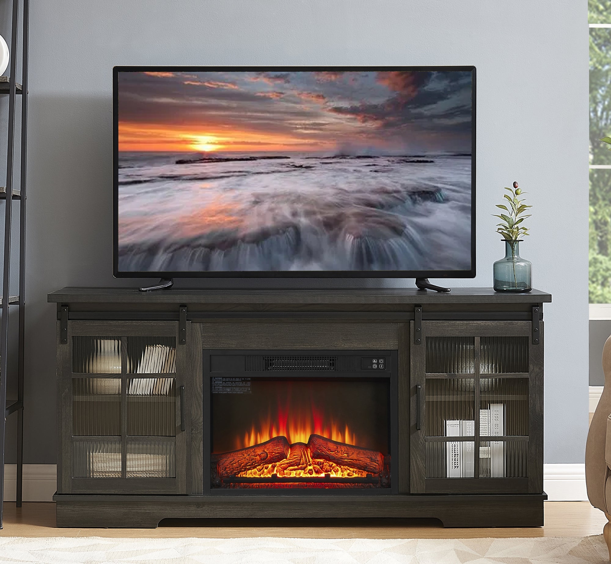 Multipurpose Sliding Door TV Stand with 2 Glass Doors Fits TV Up to 65 Inch Large Storage Cabinet and 23 Inch Fireplace In Charcoal Grey