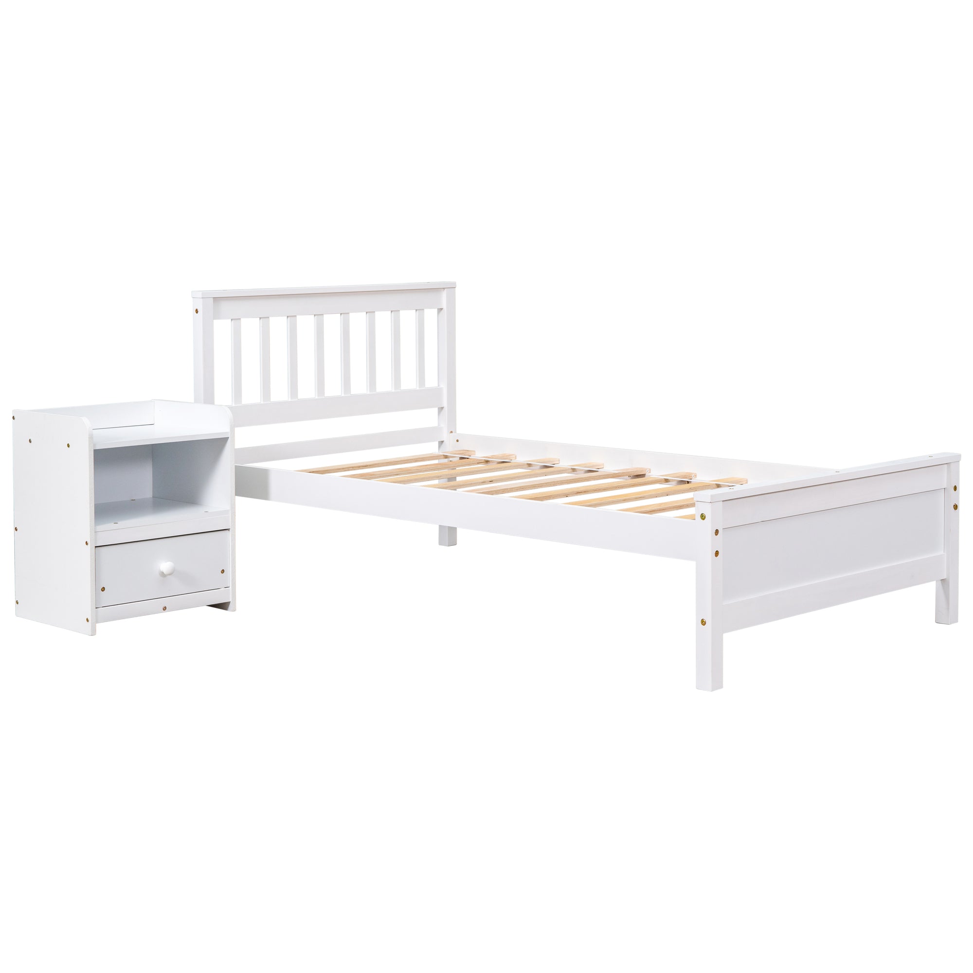 White Twin Bed with Headboard, Footboard, and Nightstand