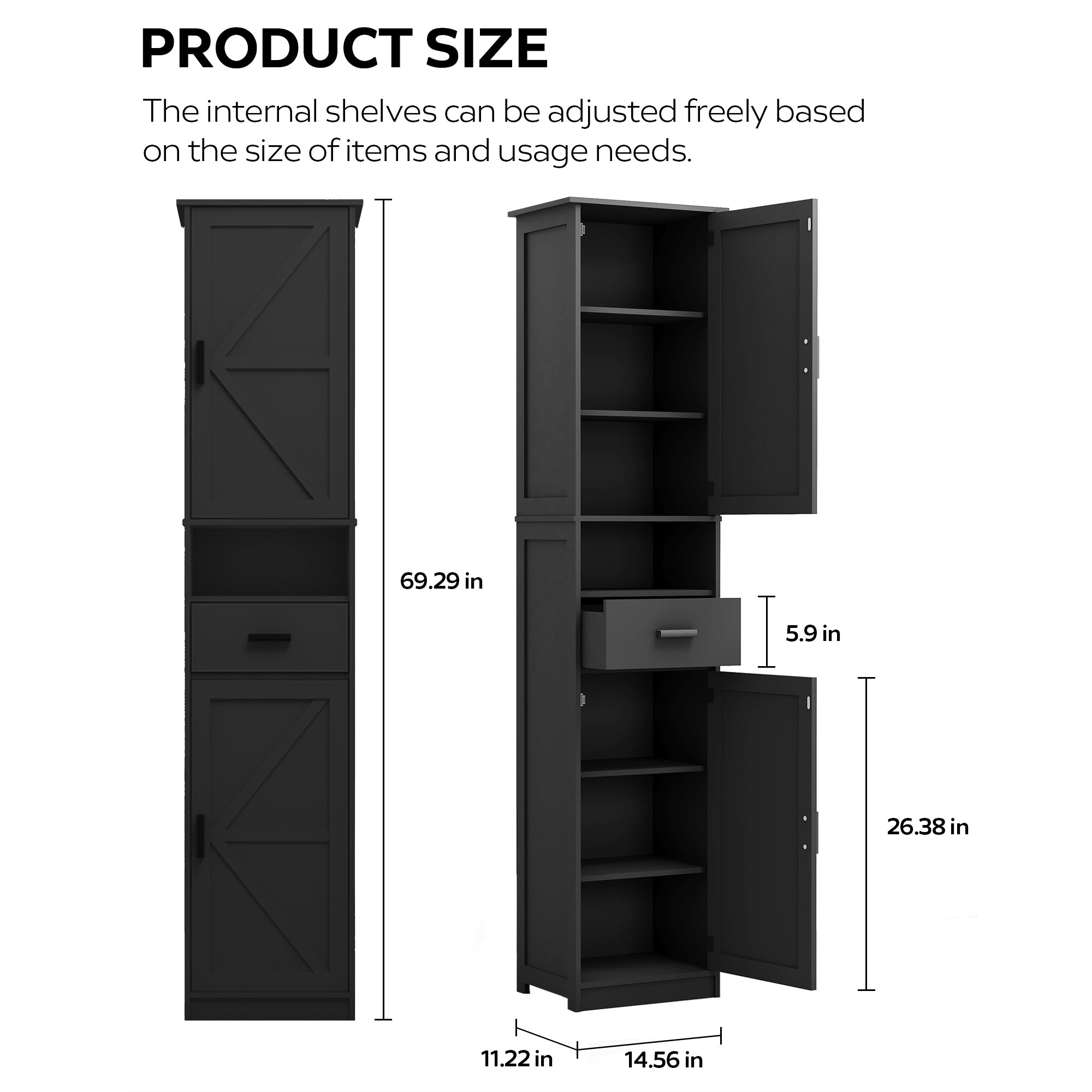 69' H Tall Bathroom Storage Cabinet with 2 Barn Doors and 1 Drawer Narrow Unit with Adjustable Shelves In Black