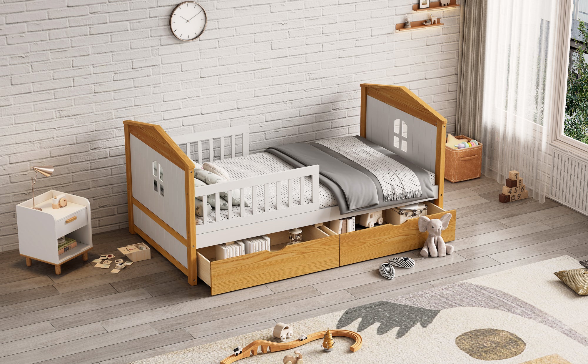 Twin Safety Bed For Toddlers with Fence Guardrails & Storage Drawers