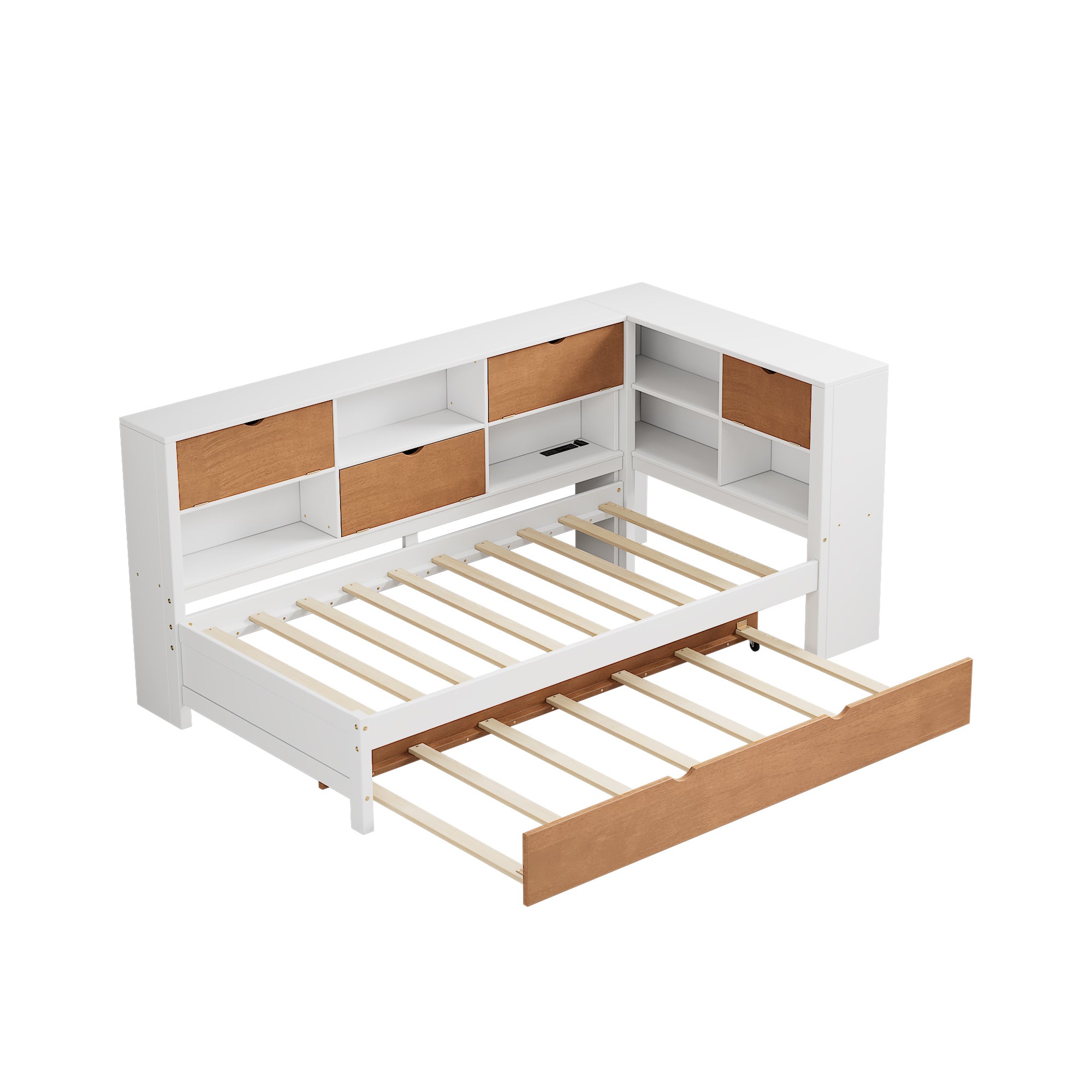 White & Walnut Twin Daybed with L-Shaped Bookcases, Trundle, and LED Downlight