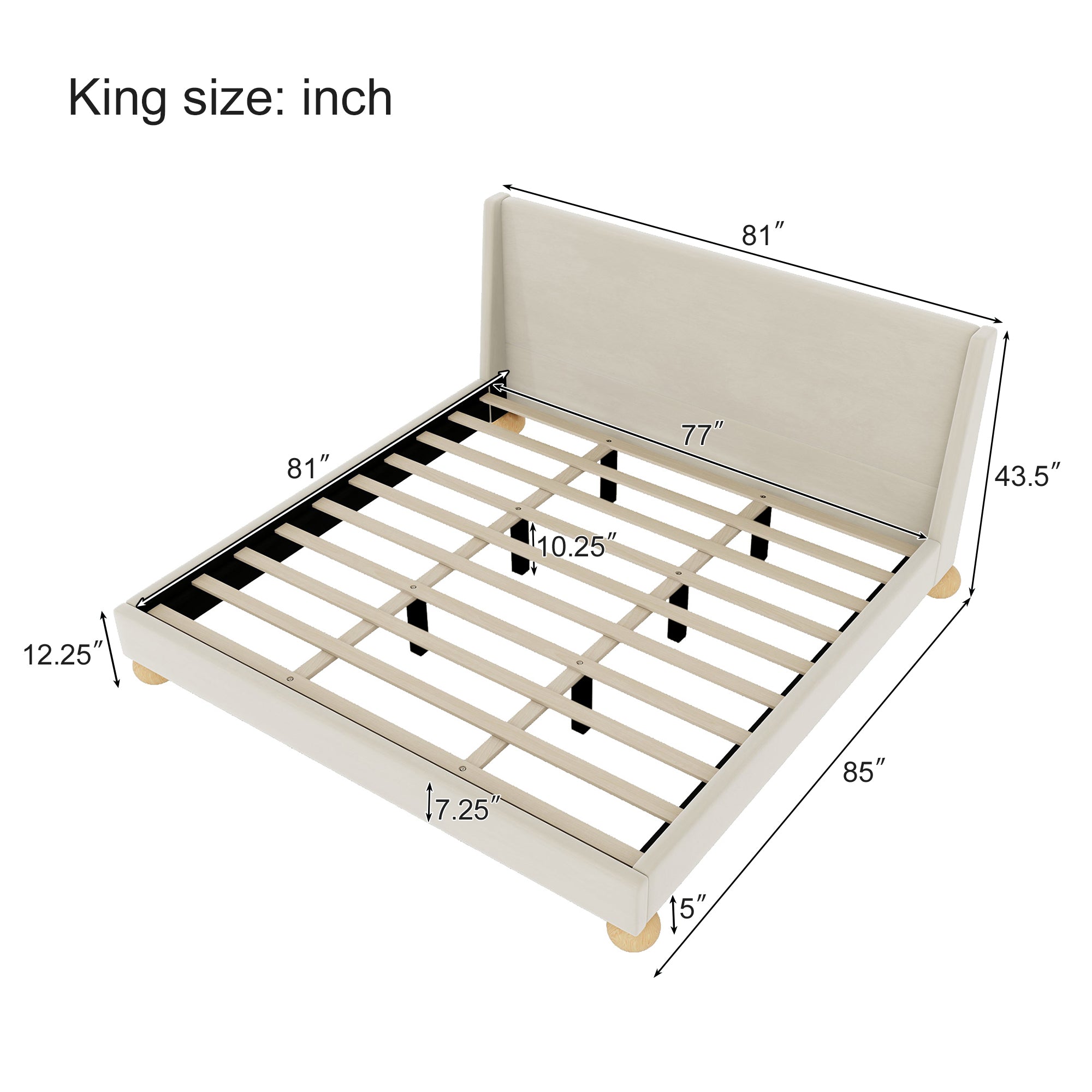 Cream King Modern Velvet Upholstered Platform Bed Frame