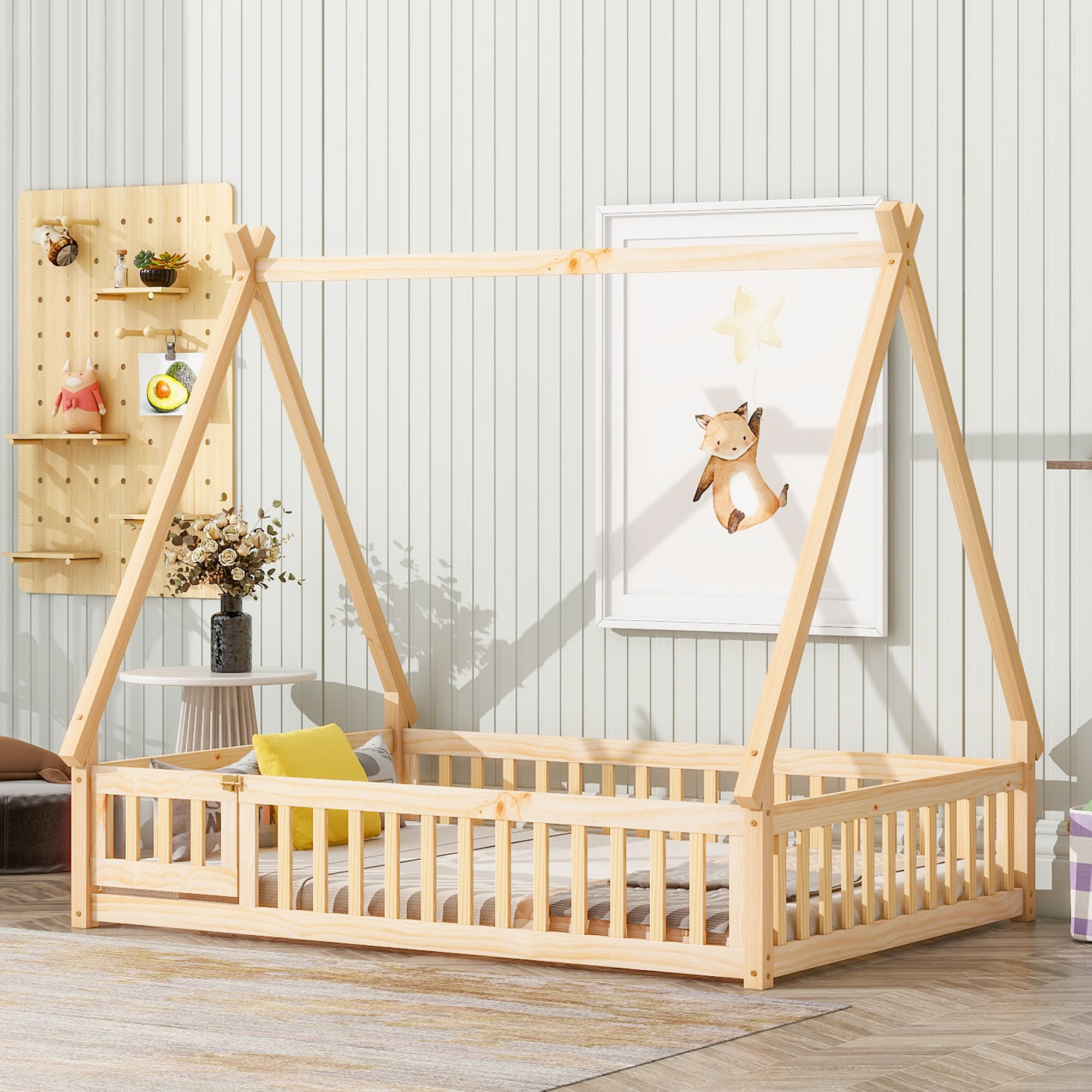 Full Tent-Shaped Floor Bed with Guardrails and Slats