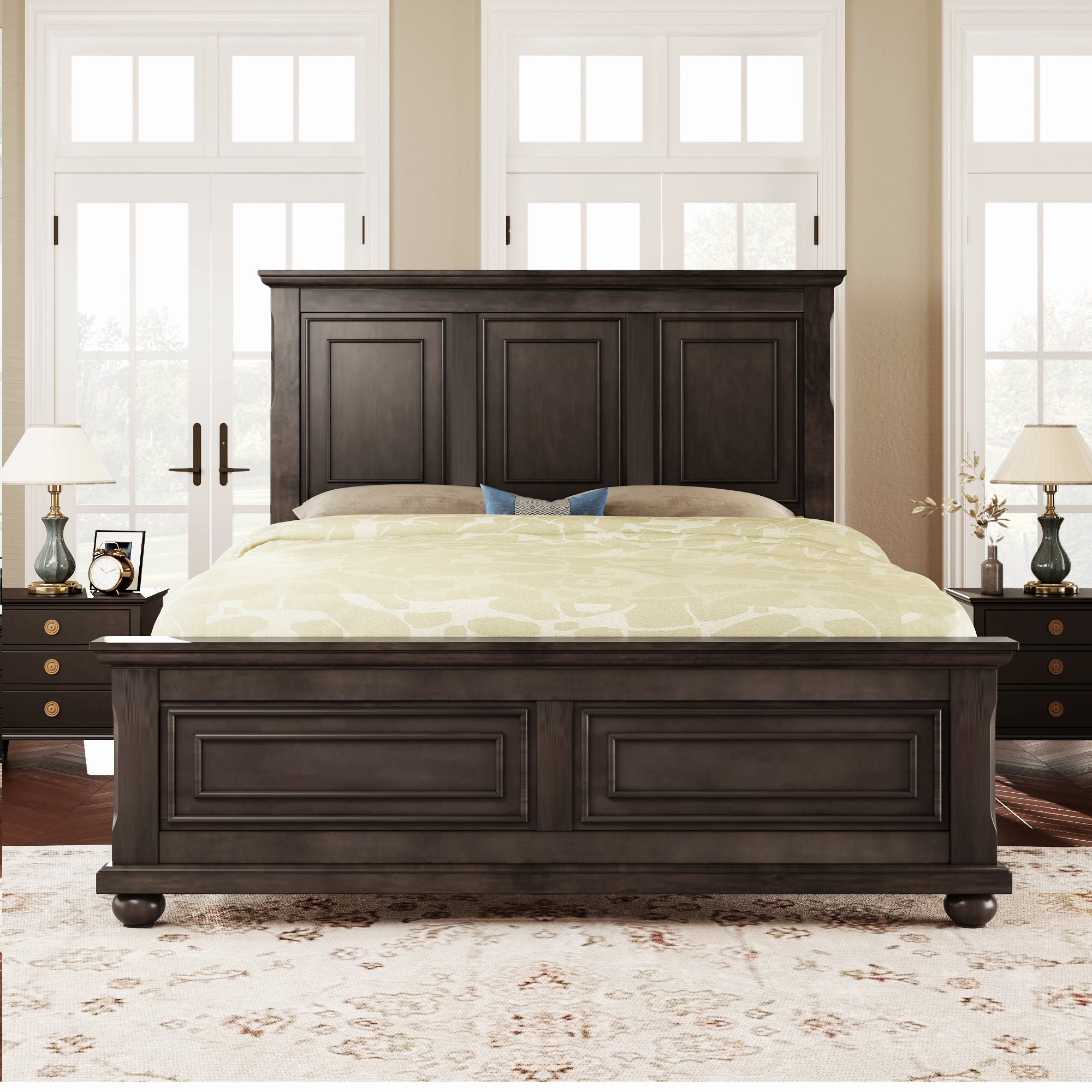 Rich Brown Queen Traditional Wooden Panel Bed Frame