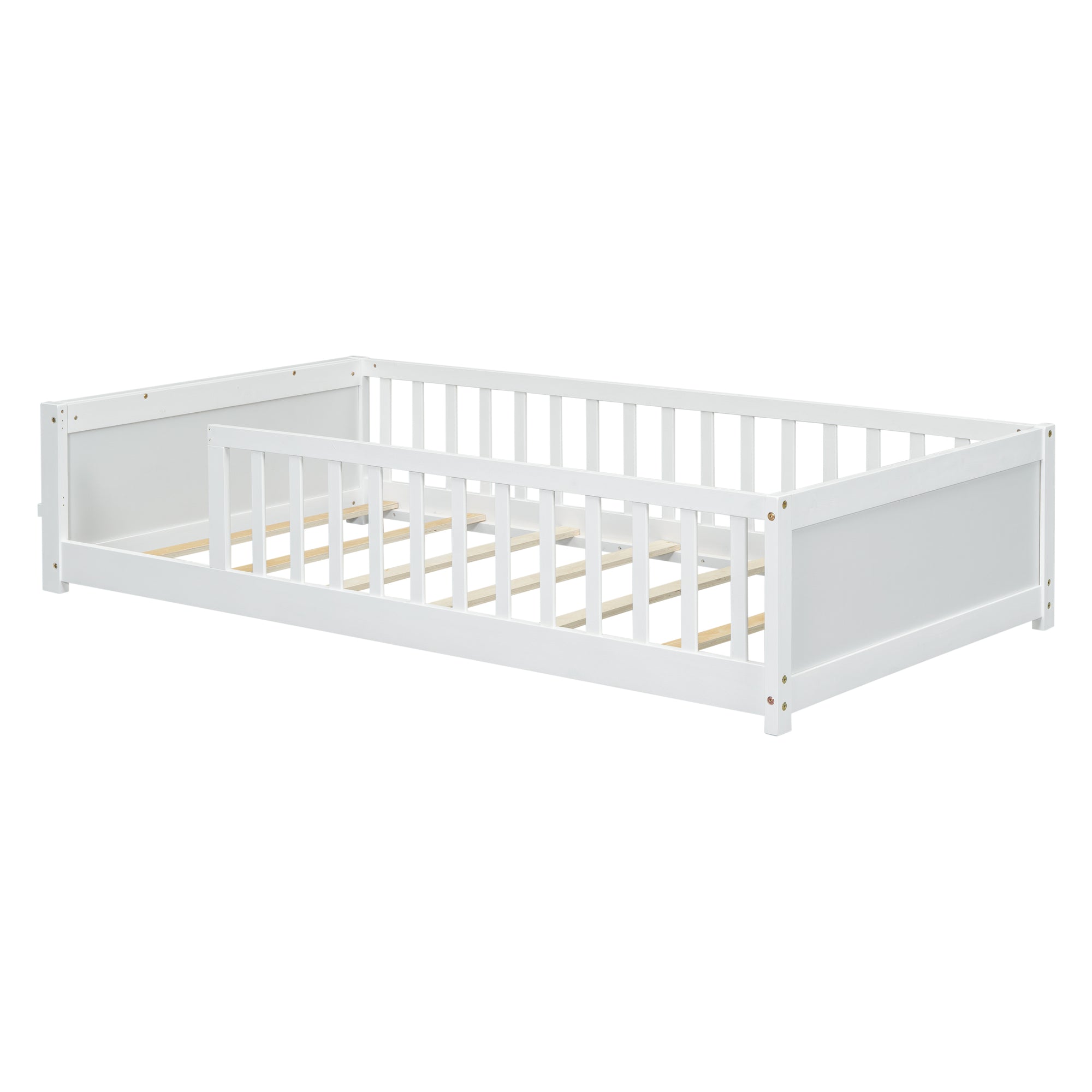 White Twin Toddler Floor Platform Bed with Built-in Book Storage Rack