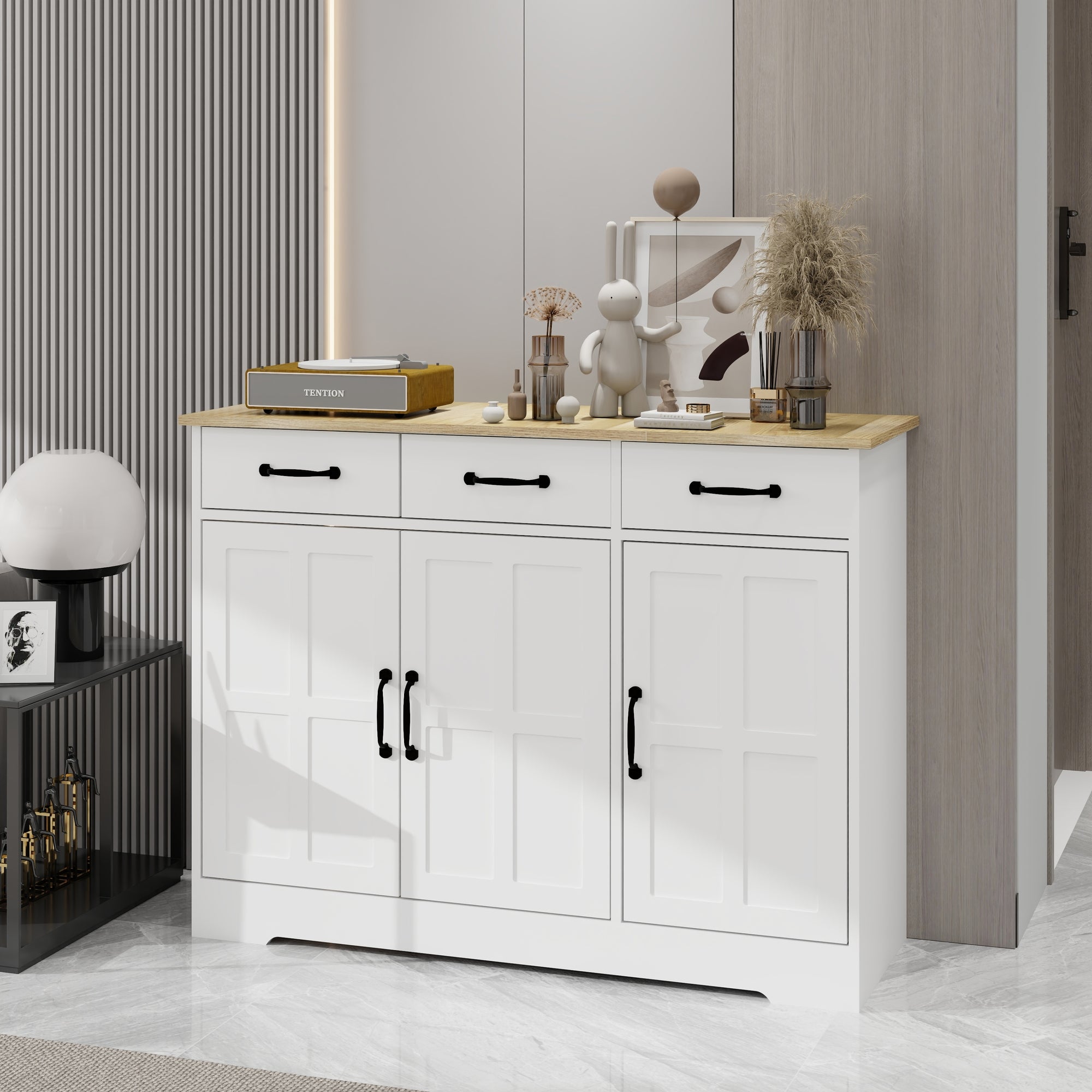 Farmhouse Buffet Cabinet Storage Sideboard with 3 Drawers and 3 Doors for Dining Living Room Kitchen Cupboard In White