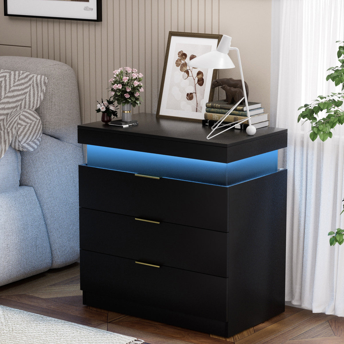 Nightstand with Charging Station and LED Lights Sliding Top with Drawers Modern End Table In Black