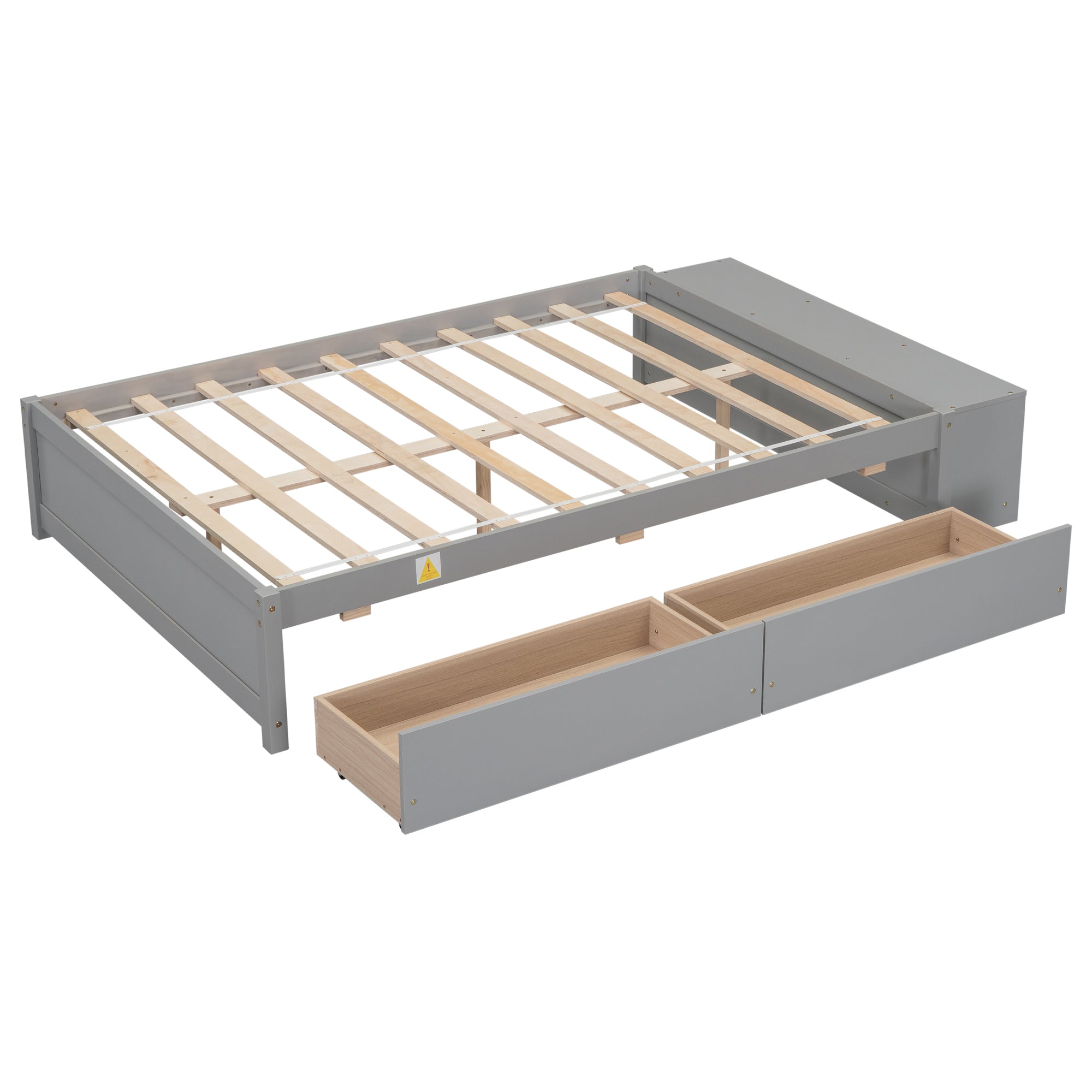 Gray Full Size Bed with Storage Case, 2 Storage Drawers and Lengthwise Support Slat