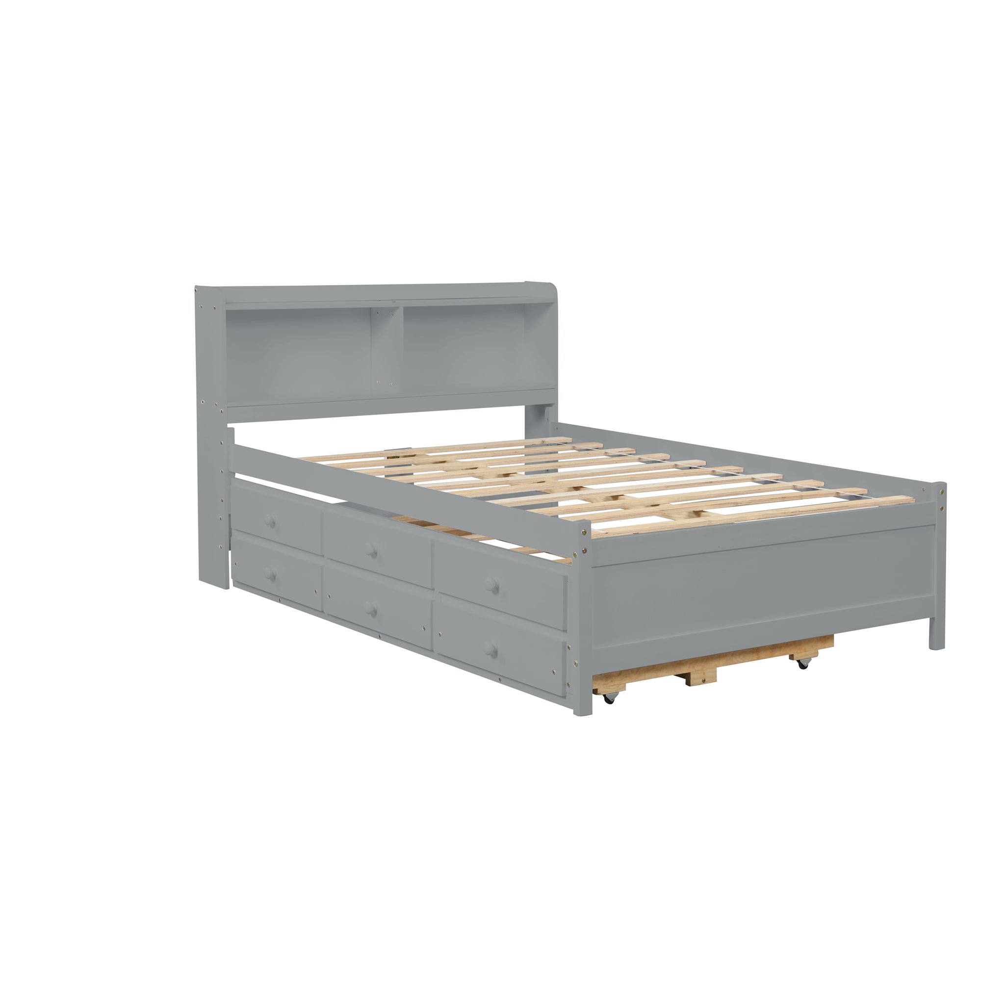 Gray Full Bed with Bookcase, Twin Trundle, and Drawers