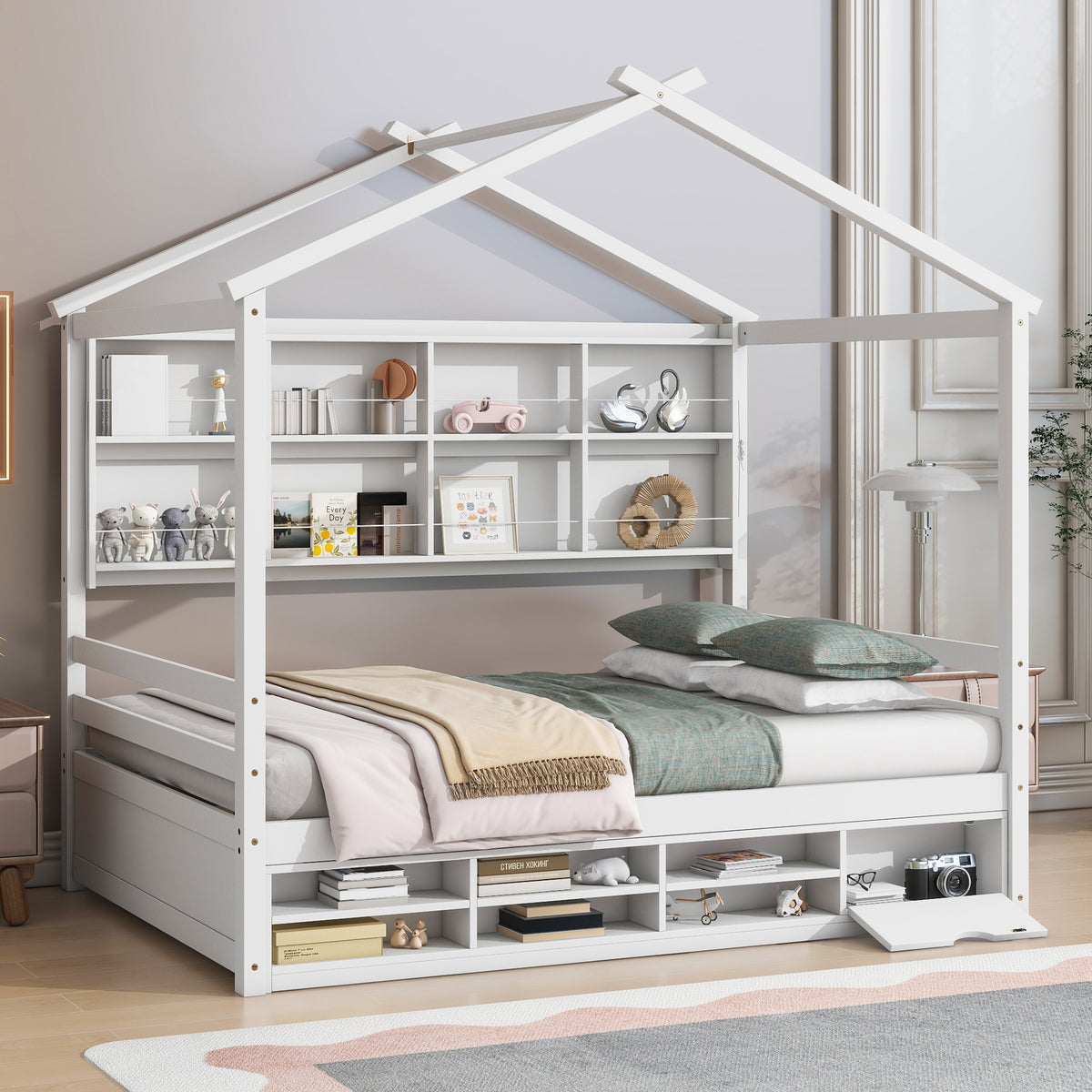 Full Sized Bed with Roof Frame, Bedside Shelves, and Under-Bed Storage Unit