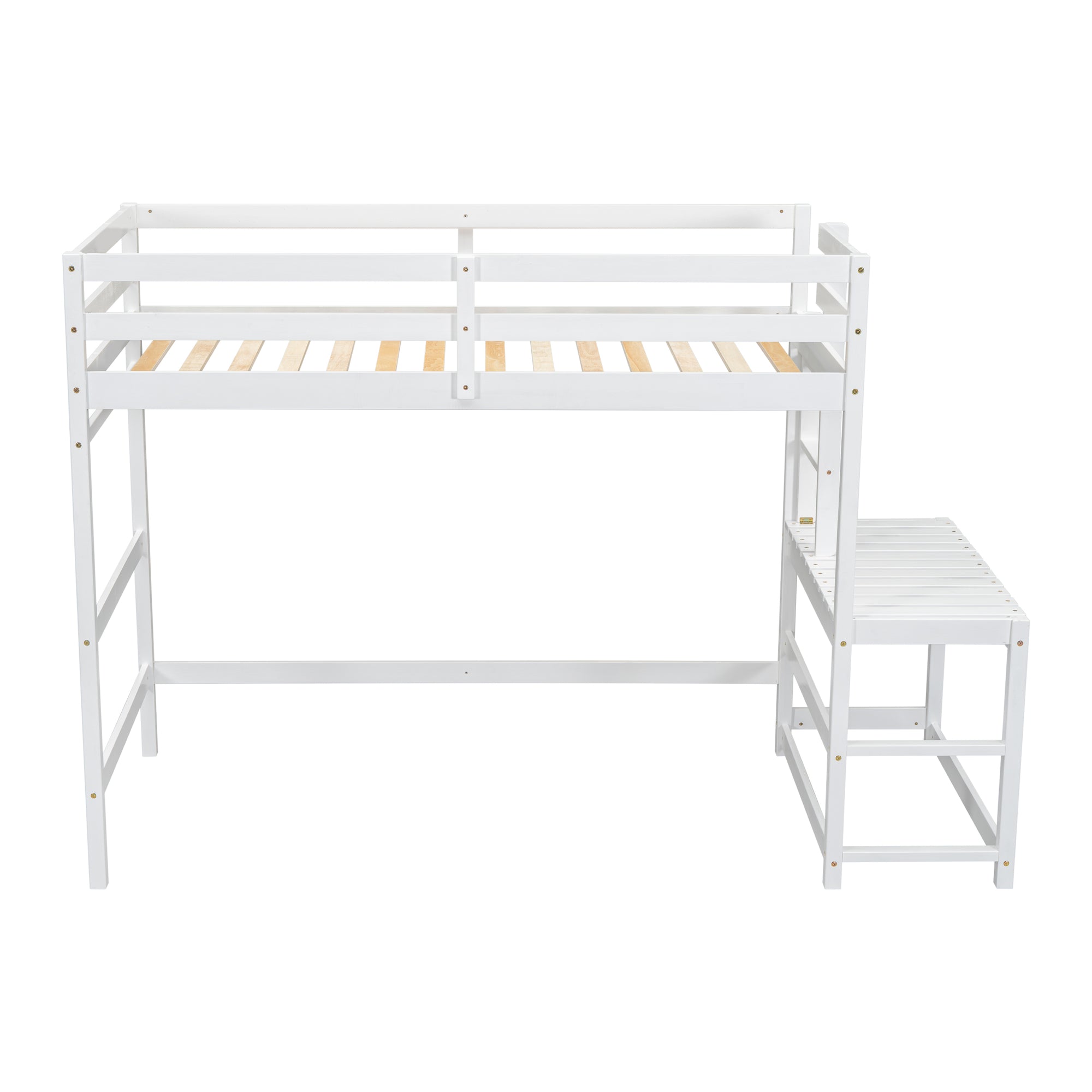 White Twin High Loft Bed with Ladder Landing Platform, Ladders, and Guardrails