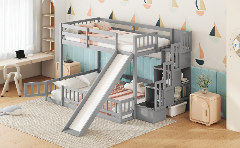 Twin Over Full Bunk Bed with Slide and Storage Staircase