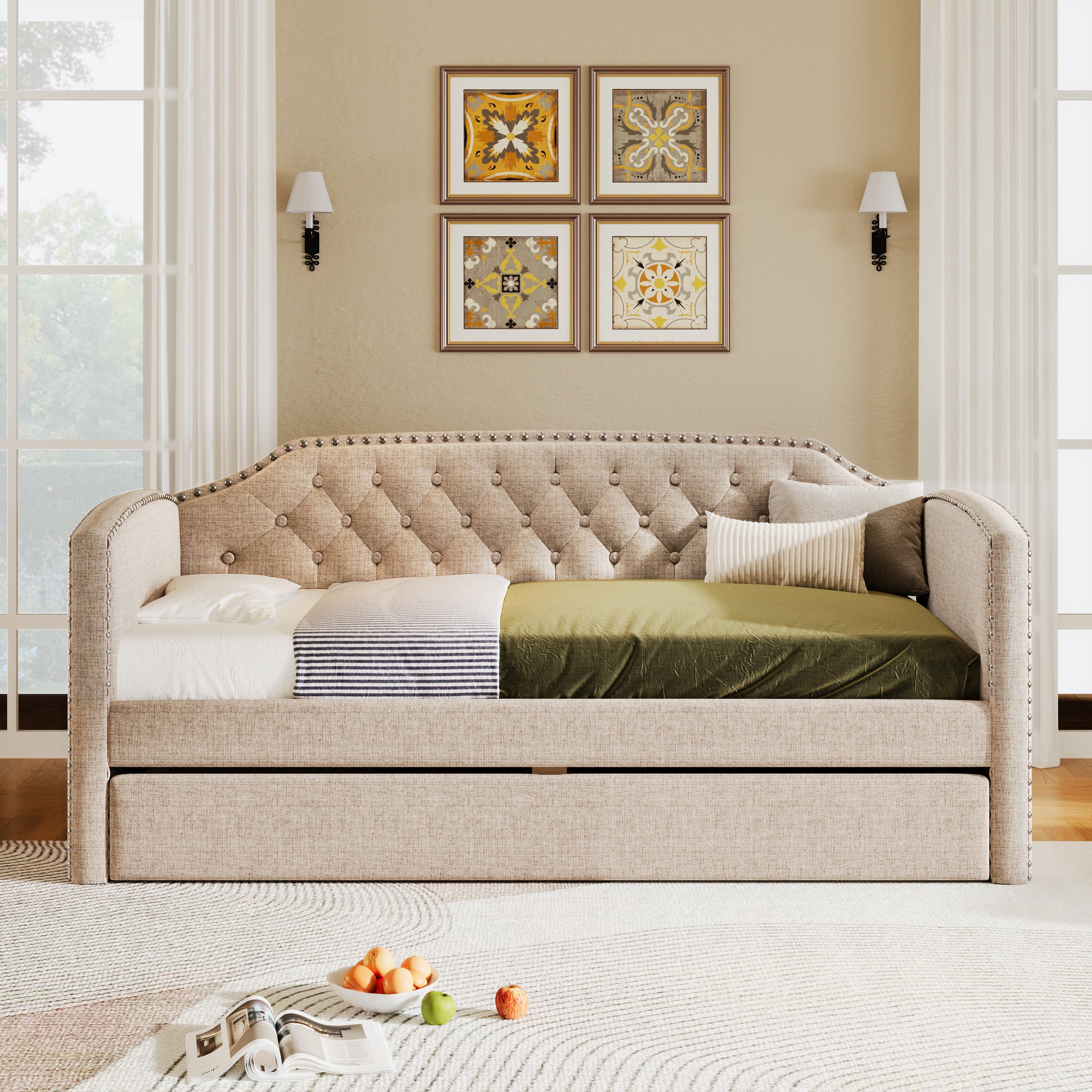 Twin Upholstered Daybed with Trundle in Beige Linen