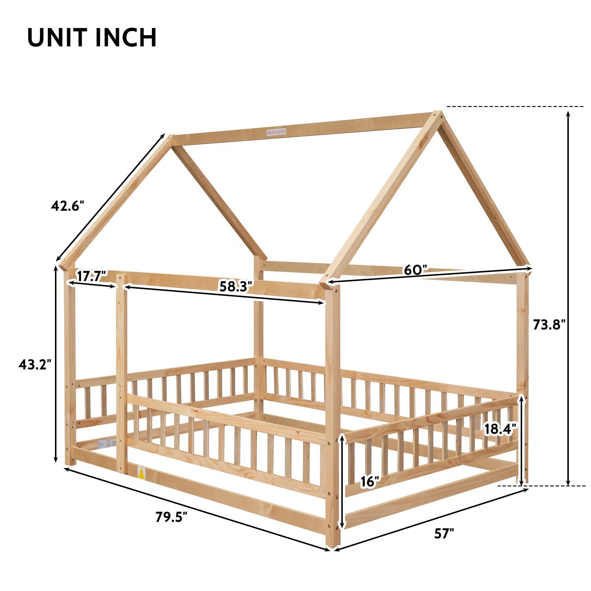 Natural Full Size Floor Wooden Toddler Floor Bed with House Roof Frame and Fence Guardrails