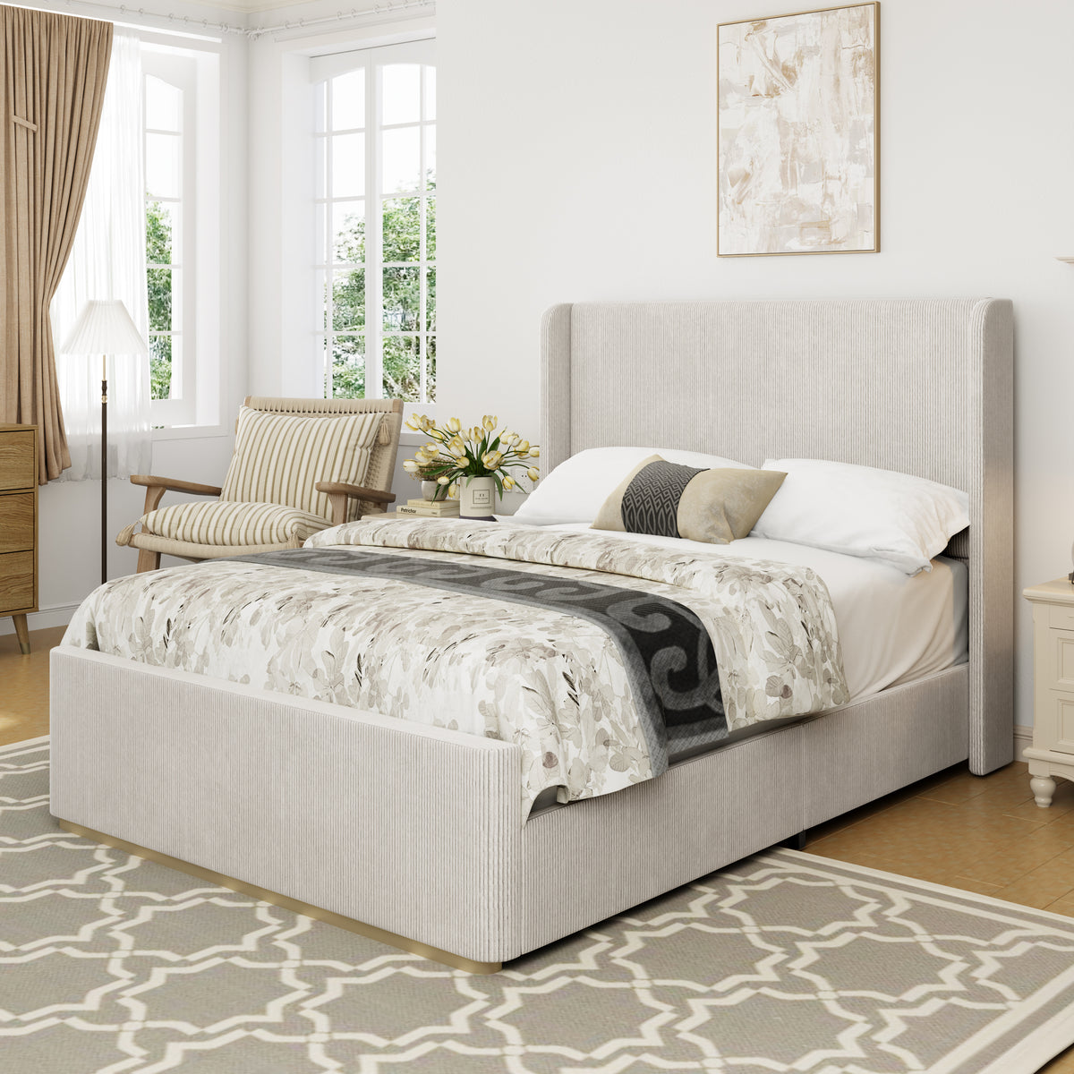 King Sized Upholstered Corduroy Bed in Light Gray