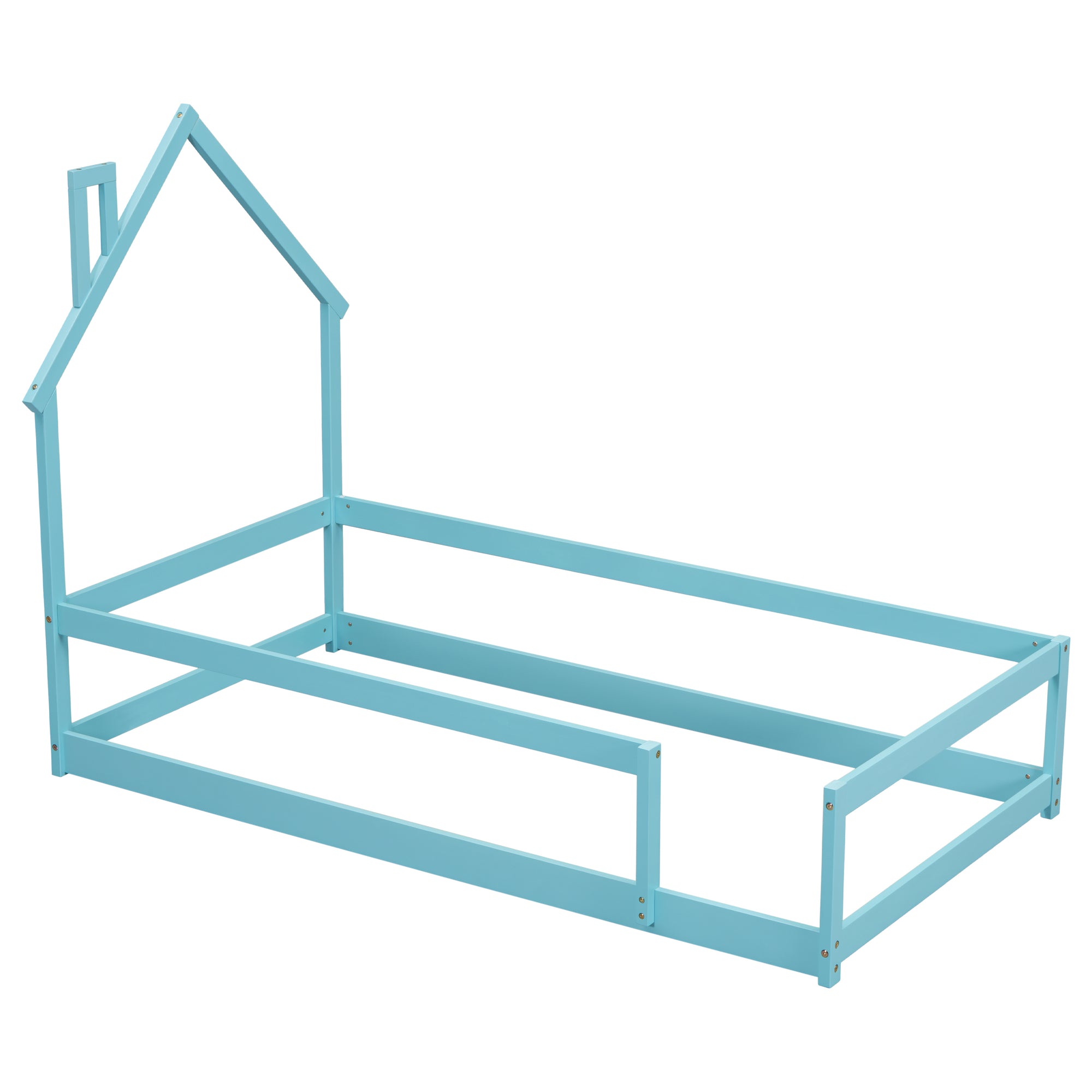 Light Blue Twin Size Wood Toddler Floor Bed with House-Shaped Headboard & Guardrails